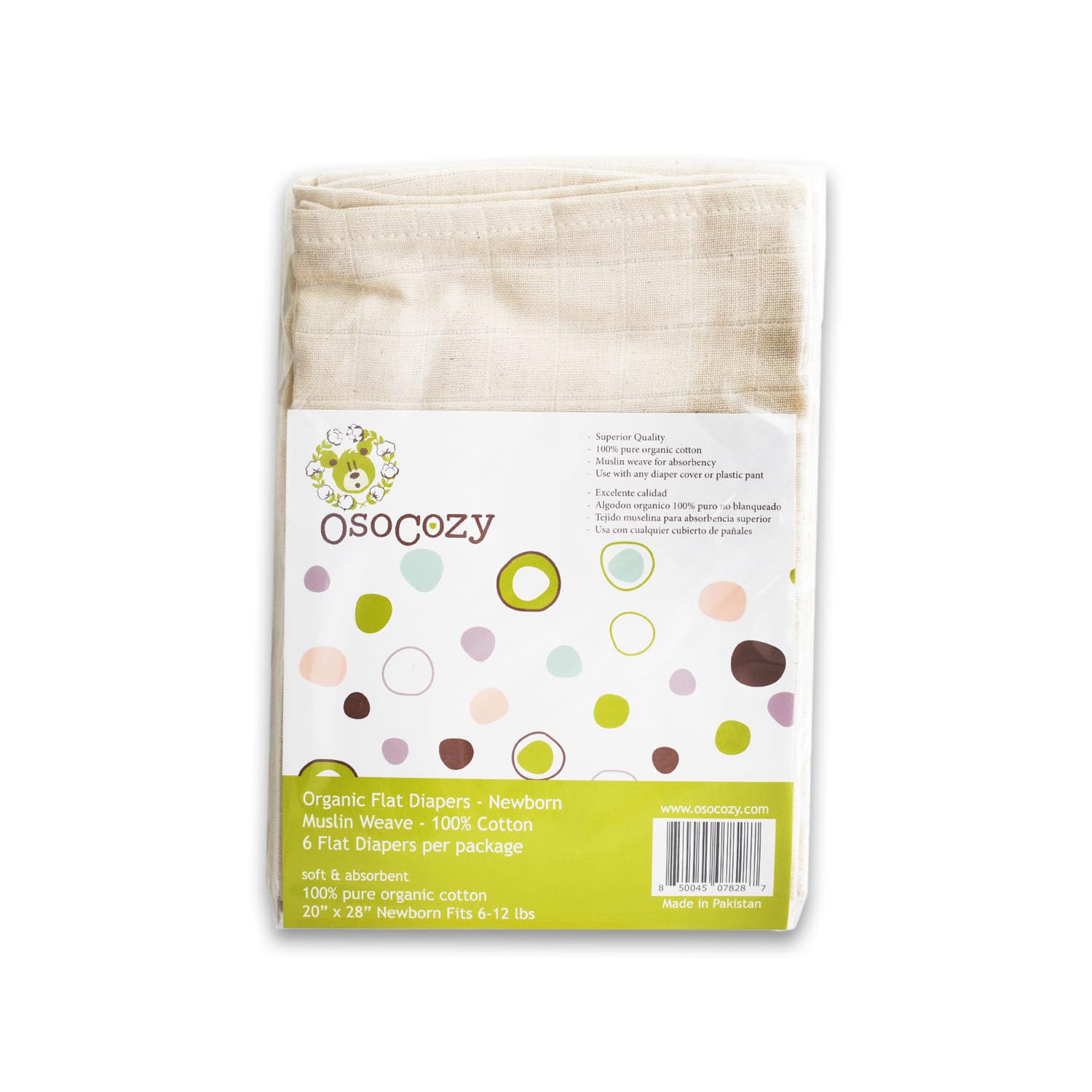 OsoCozy Pañales de tela plana de muselina orgánica, hechos de algodón 100% orgánico de doble capa, ecológico, suave, absorbente, de doble capa, paquete de 6. Recién nacido para 6-12 libras.