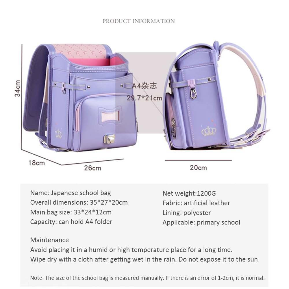 Schulranzen Großer Rucksack aus PU-Leder mit automatischem Schloss Leichte Büchertasche (Lila 35 x 27 x 20 cm)
