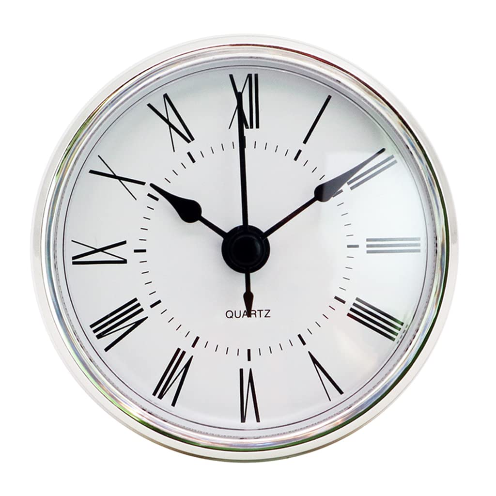 2.8Inch/70mm Clock Insert Round Movement Clock White Face Silver Tone Bezel Roman Numeral Fit 63mm Diameter Hole