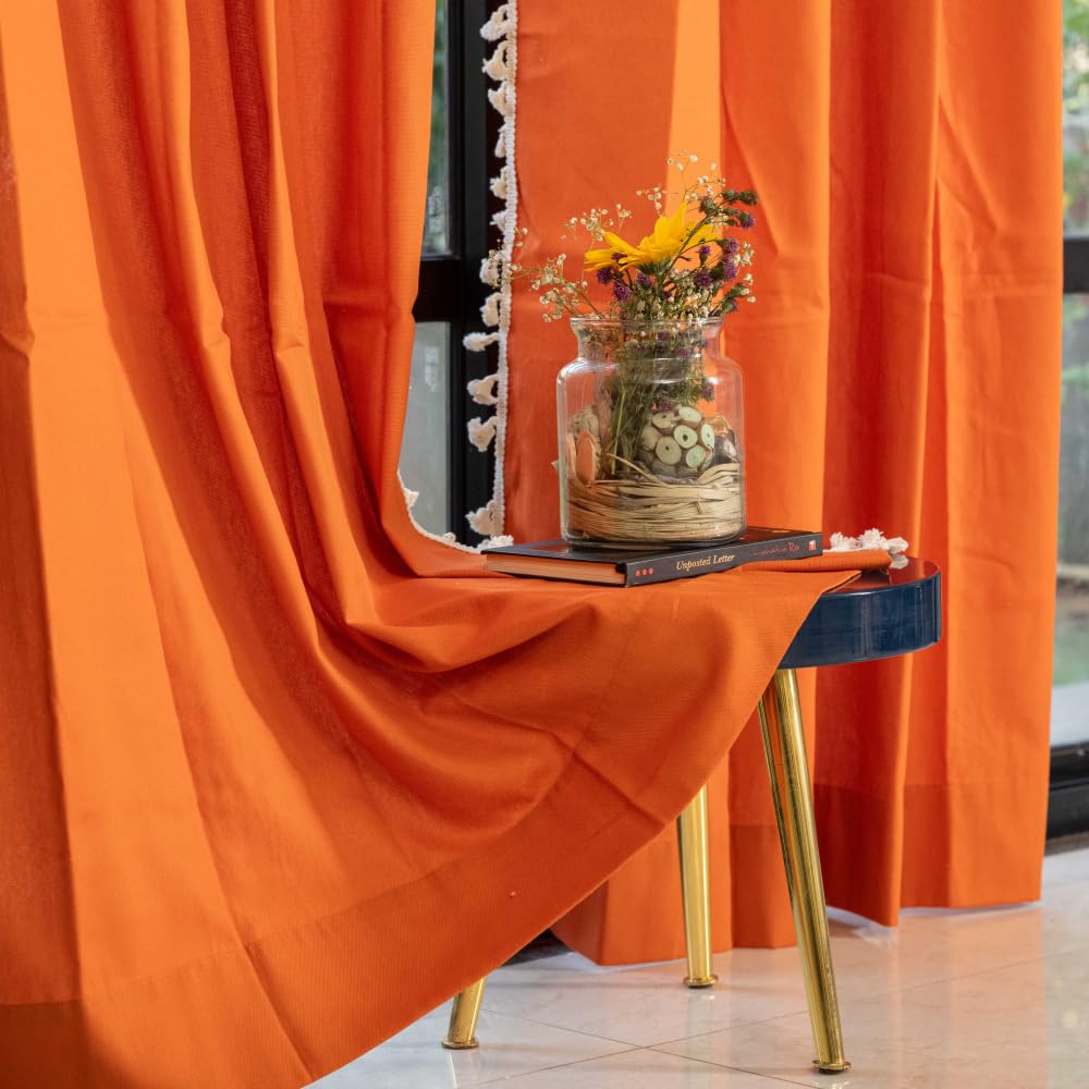 Urban Space Bohemian Solid Curtains for Window,100% Cotton Curtain 5 Feet Long Pack of 1 Curtain with Tassels,Tieback&Eyelets Included with Curtain,60-65% Room Darkening(Aura Orange,Window)