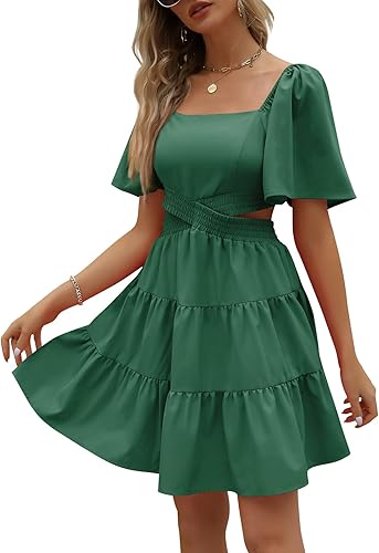 LILLUSORY Vestido corto de verano para mujer 2024 con corte de manga corta, cuello cuadrado, cintura cruzada