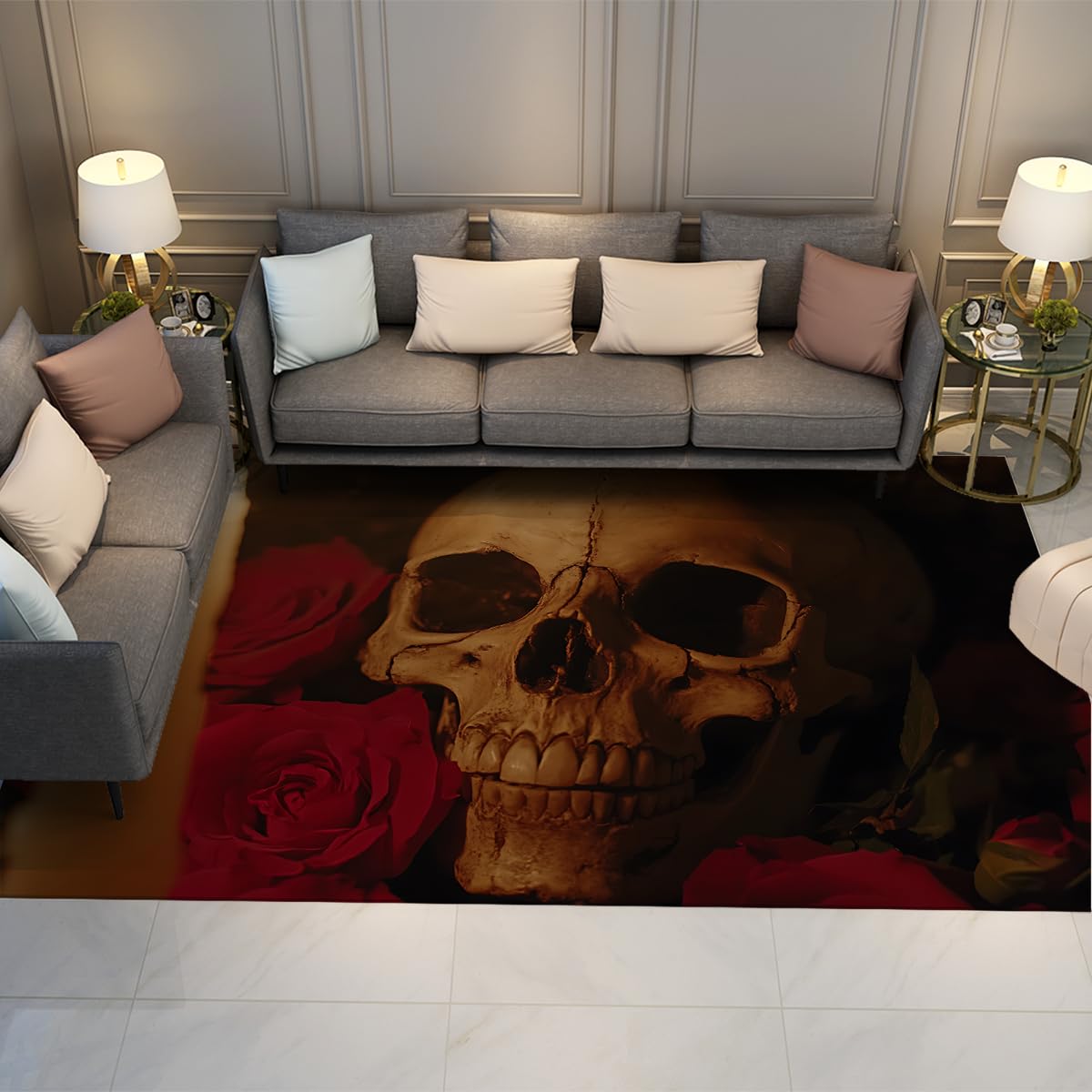 Tapis de salon grand format crâne vintage 150x240cm lavable et fin pour décoration Halloween