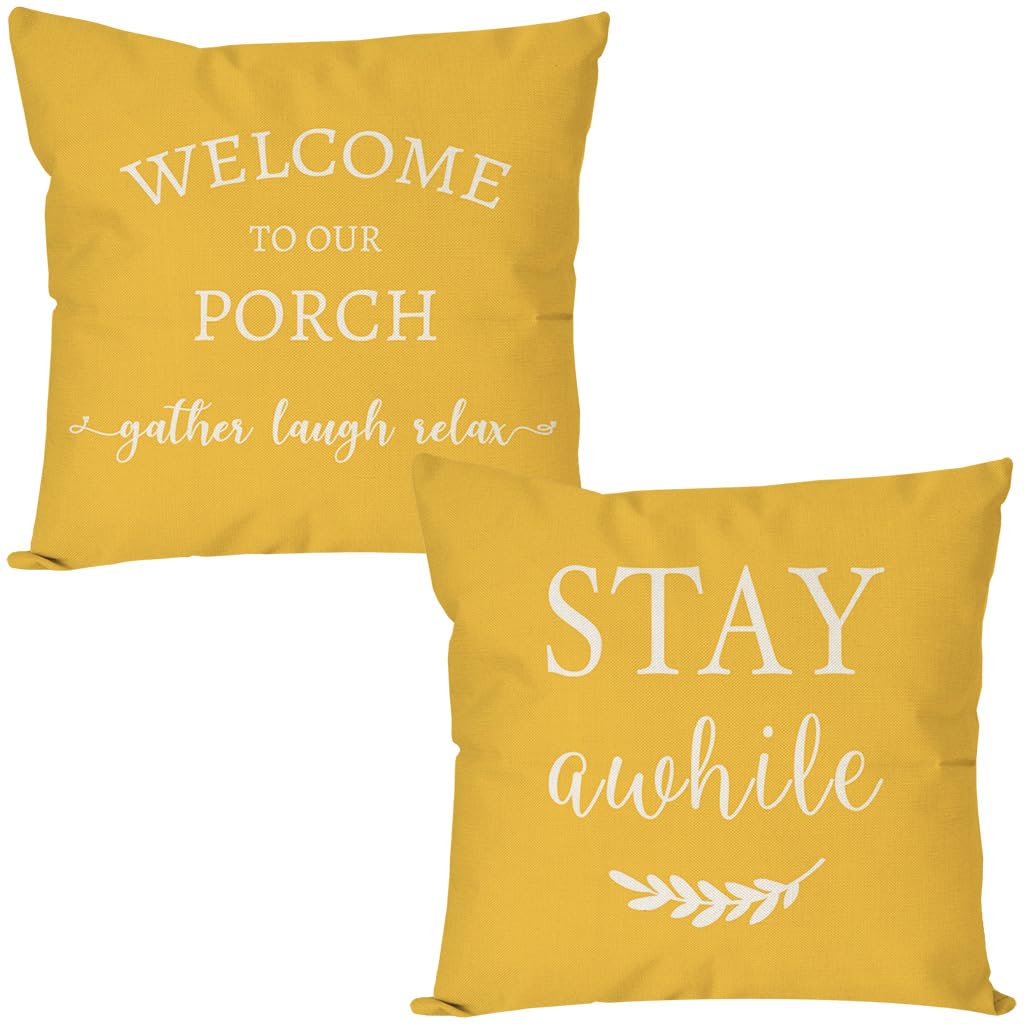 PANDICORN Welcome to Our Porch Stay Awhile Farmhouse Decorative Throw Pillow Covers 16x16 Set of 2 Yellow Outdoor Porch Pillows Spring Summer