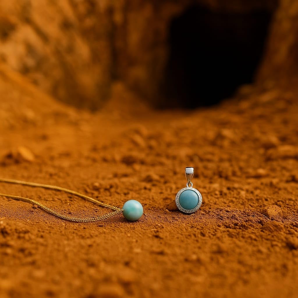 AAA Larimar Jewelry Set – 925 Sterling Silver Round Pendant & Larimar Bead Necklace, Handmade Gift