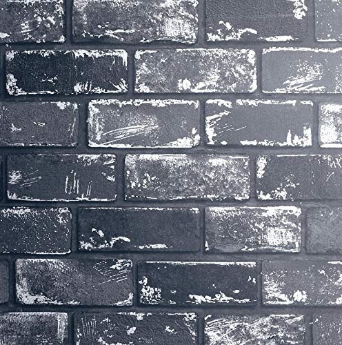 3D Effect Metallic Brick Wallpaper Black Silver Grey Stone Industrial from YöL