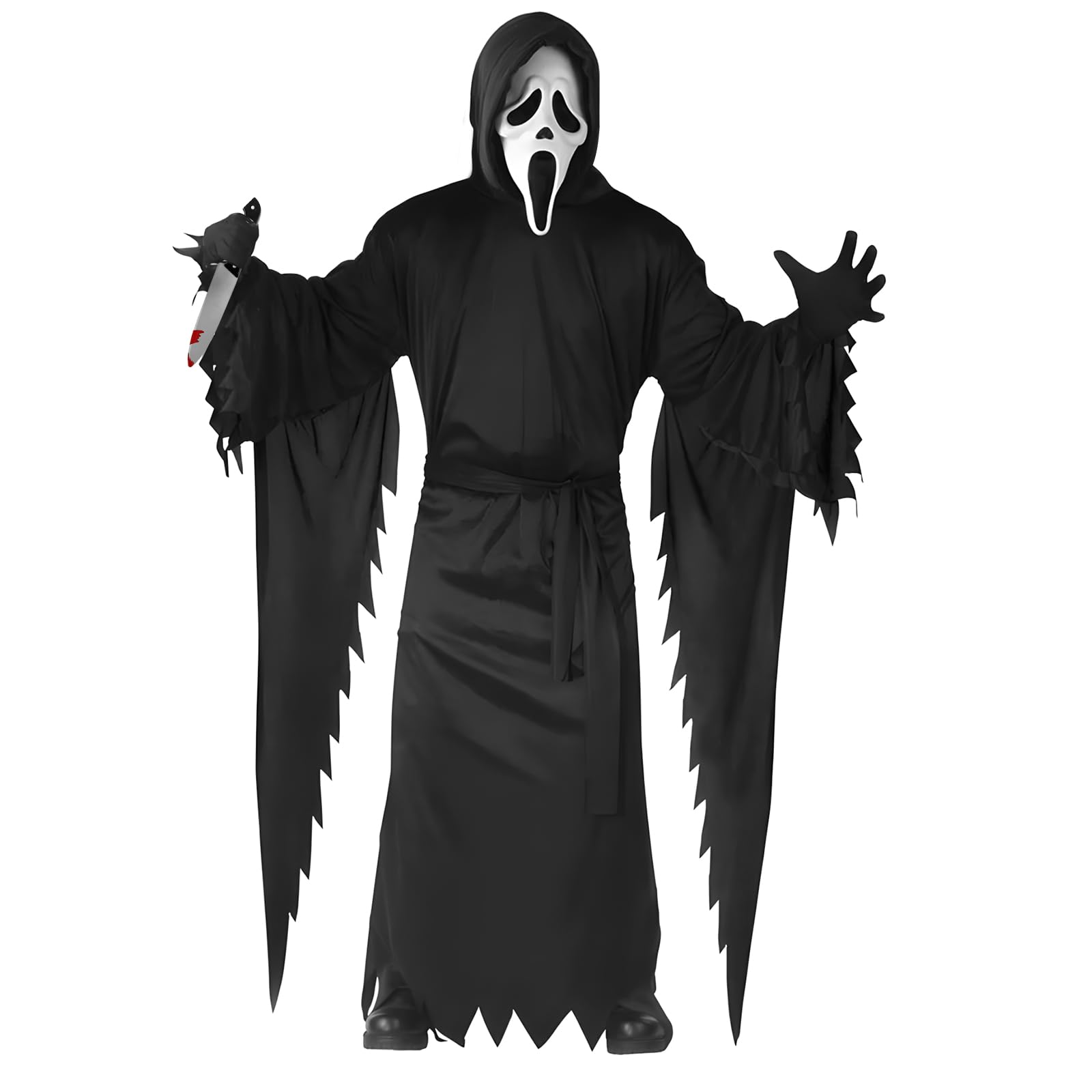 Halloween Disfraz Fantasma Screaming, Disfraz de Fantasma Aterrador, con Máscara de Scream, Una Túnica Negra, Cuchillo de Juguete, Cinturón y Guantes, para Halloween, Carnaval, Mascarada, Cosplay