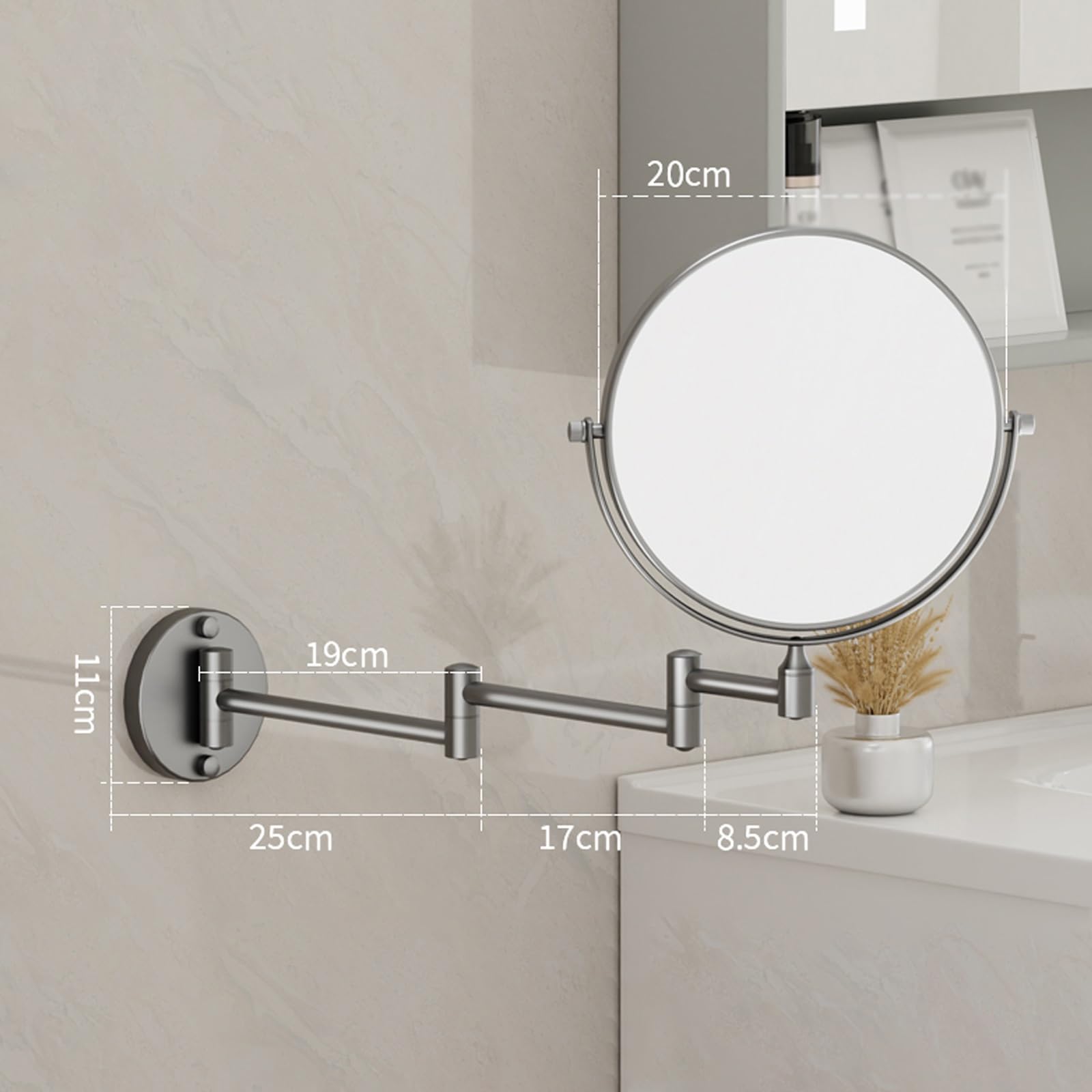 Espejo De Maquillaje Montado En La Pared De 8 Pulgadas con Aumento De 5X Y Brazo Extensible, Doble Cara con Mecanismo Giratorio De 360 Grados(Grey)