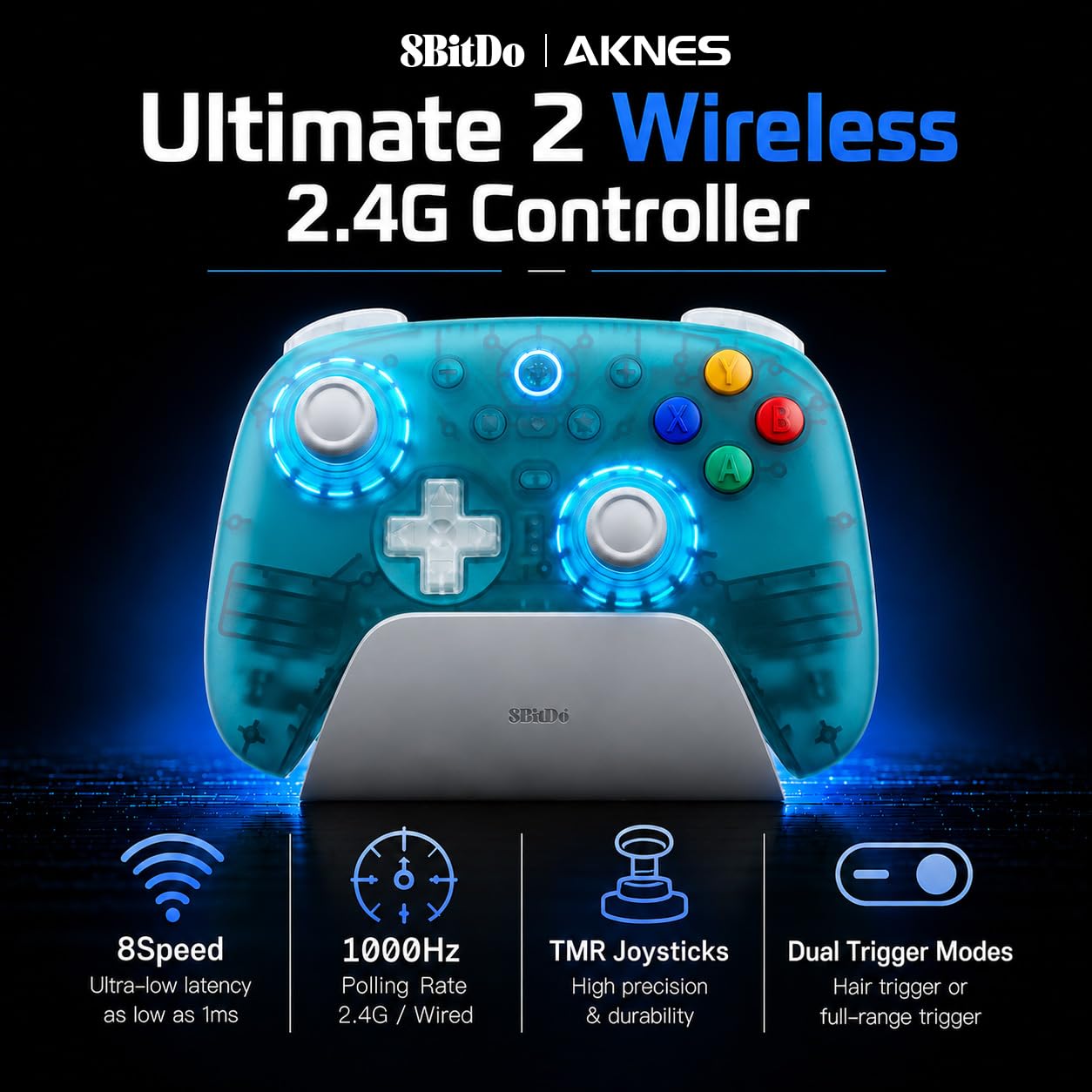 8Bitdo Ultimate 2 Controller senza fili per Windows e Android (Blu limpido) | Joystick TMR, Frequenza di Polling 1000Hz, Tactile/Hall Triggers, L4/R4 e 2 Pulsanti Posteriori Programmabili