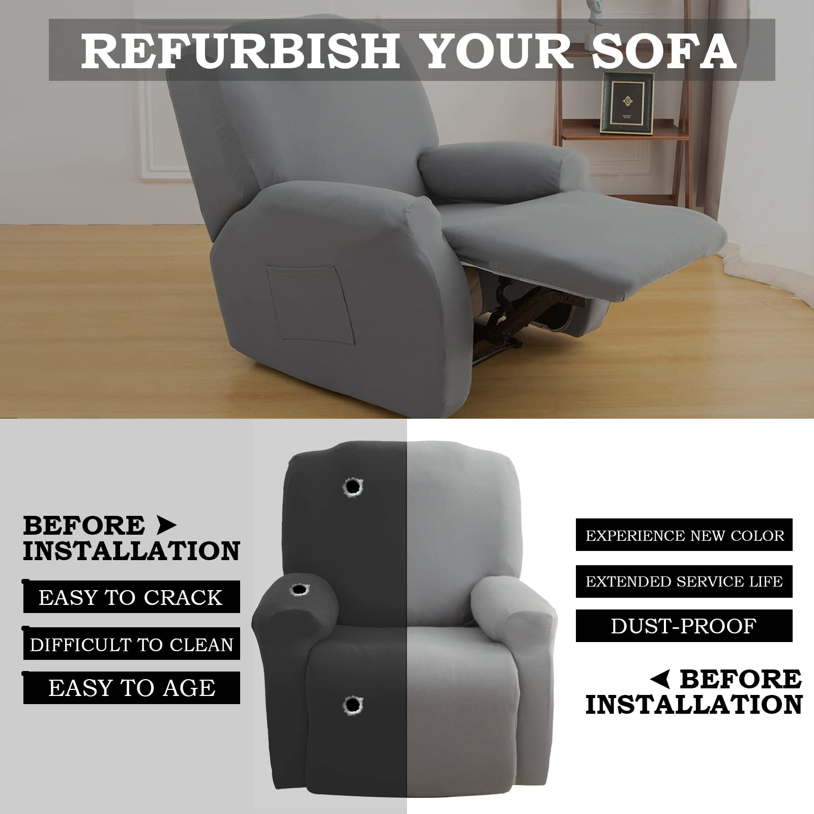 Lydevo Copripoltrona Relax Reclinabile Universale, Reclinabile con Tasche, Elasticizzato Lavabile Rimovibile, Fodere per Poltrona Relax, Grigio Chiaro