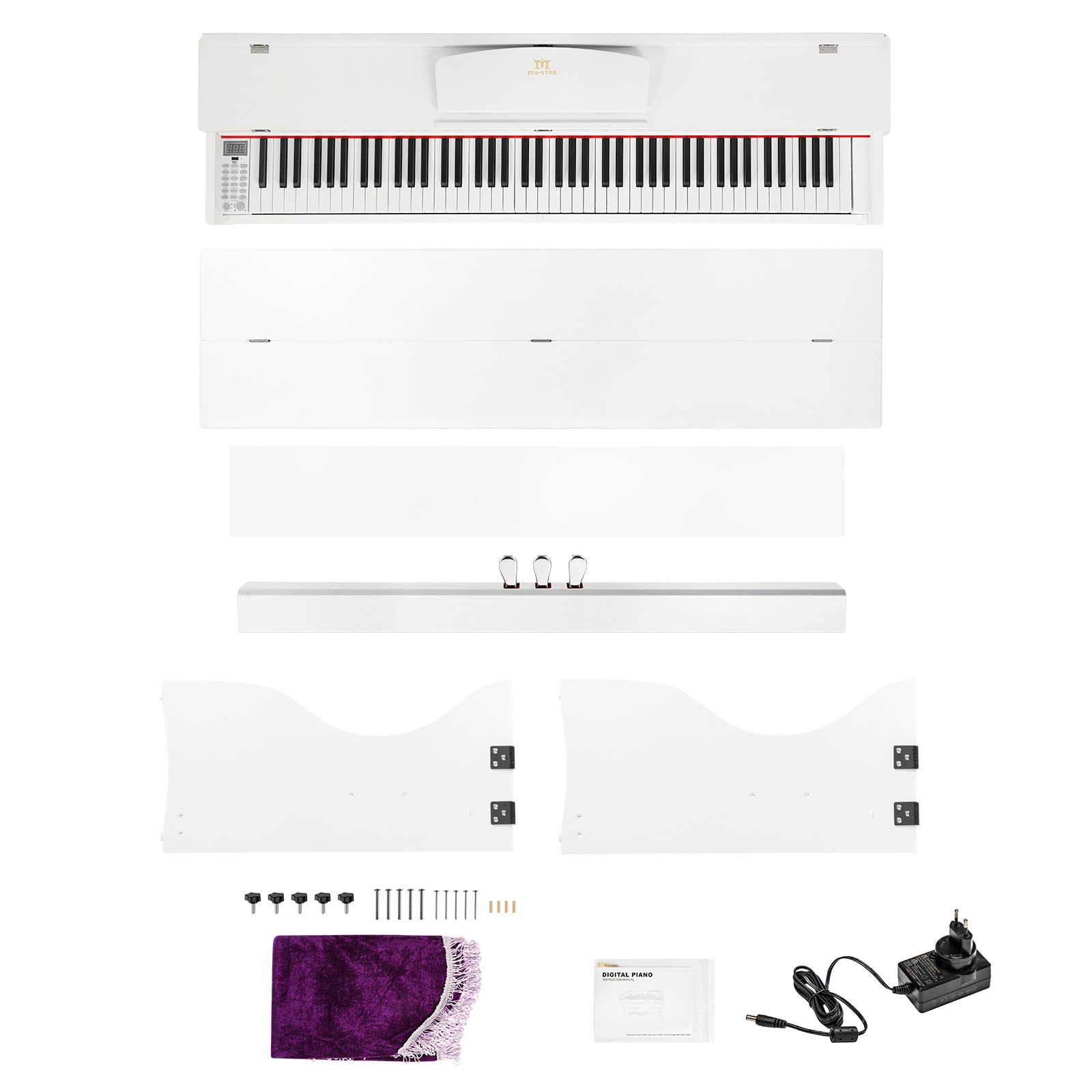 MUSTAR Digital Piano 88 Tasten, E Piano weiß, Elektrisches Klavier mit Klavierständer, 3 Pedale Adapter, 2 Kopfhöreranschluss, LCD-Bildschirm, USB/MIDI, Piano für Anfänger