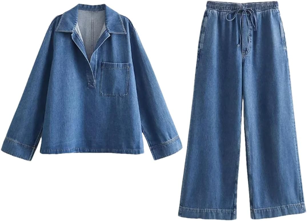 Womens V Neck Denim Shirt And Elastic Waist Straight Pants Set Vintage Casual 2-Piece Set
