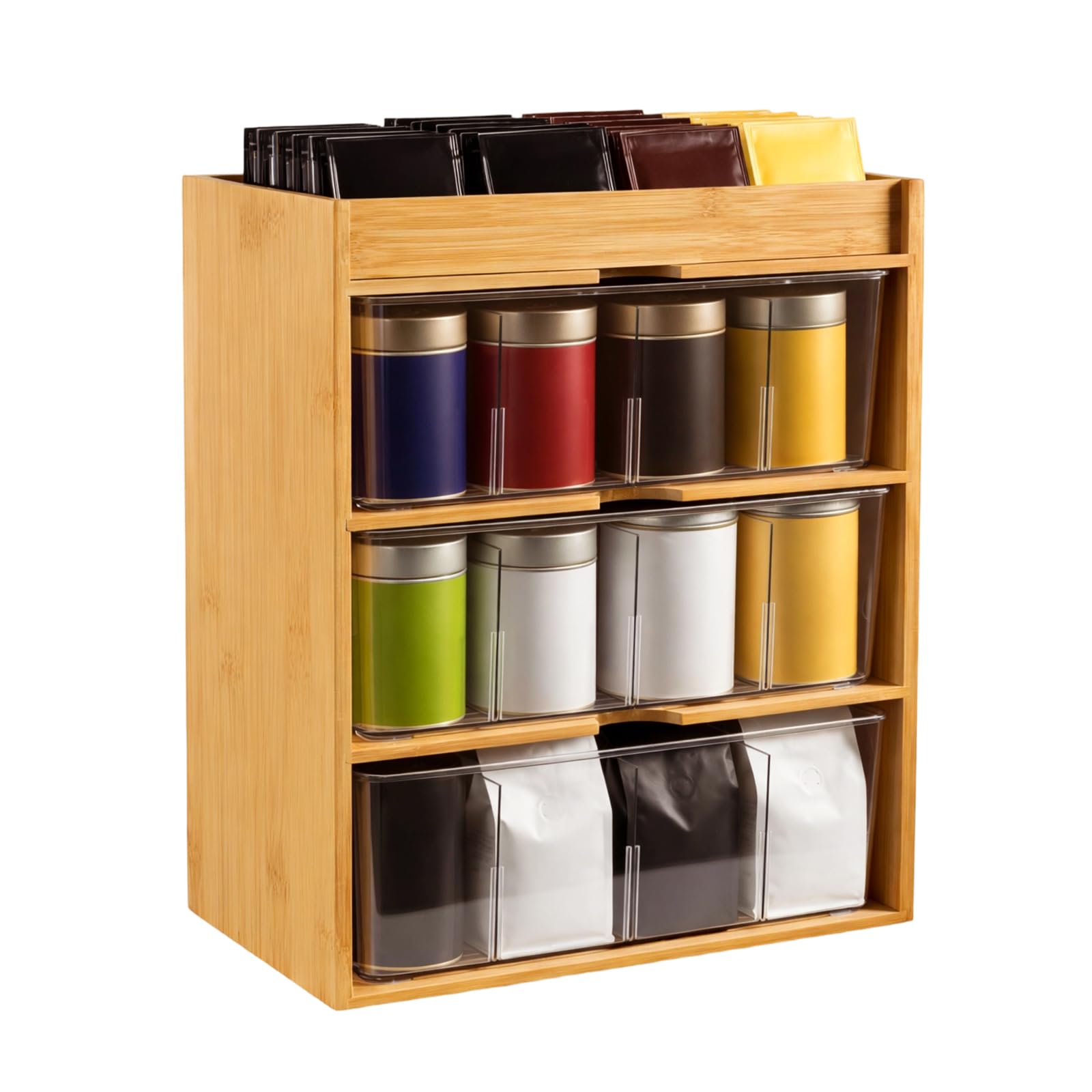 GreenWhim Bamboo Tea Bag Organiser, 3 Tier Tea Bag Holder Holds up to 180 Tea Bags, Wooden Tea Storage Box for Kitchen, Office, Countertop, Sugar Packets & Creamers, Cupboard Organiser