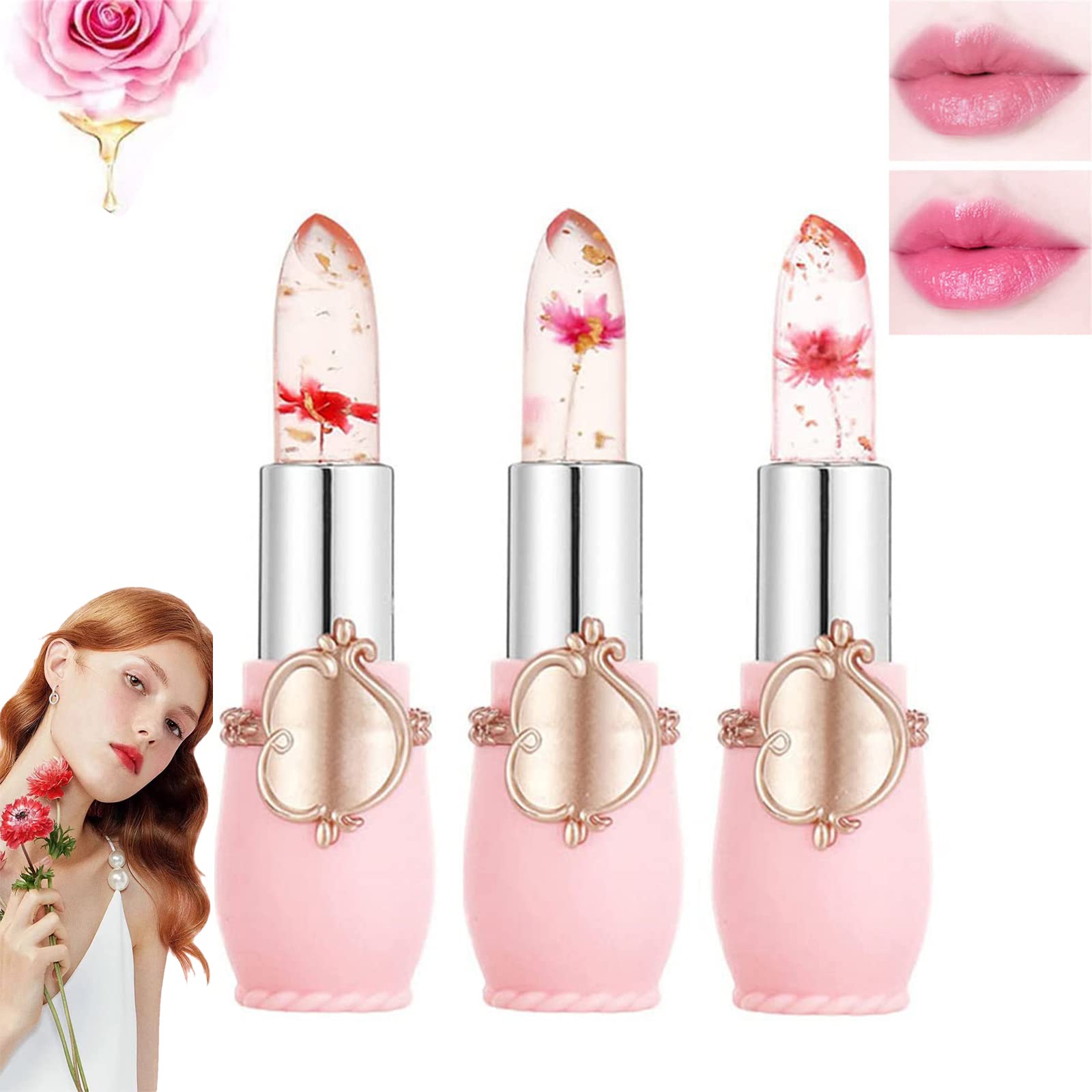 LJXWRF Crystal Jelly Flower Color Changing Lipstick, Crystal Flower Jelly Lipstick, Ph Lipstick Color Changing, Clear Lip Gloss Pack, Flower Lip Gloss (3PCS-A)