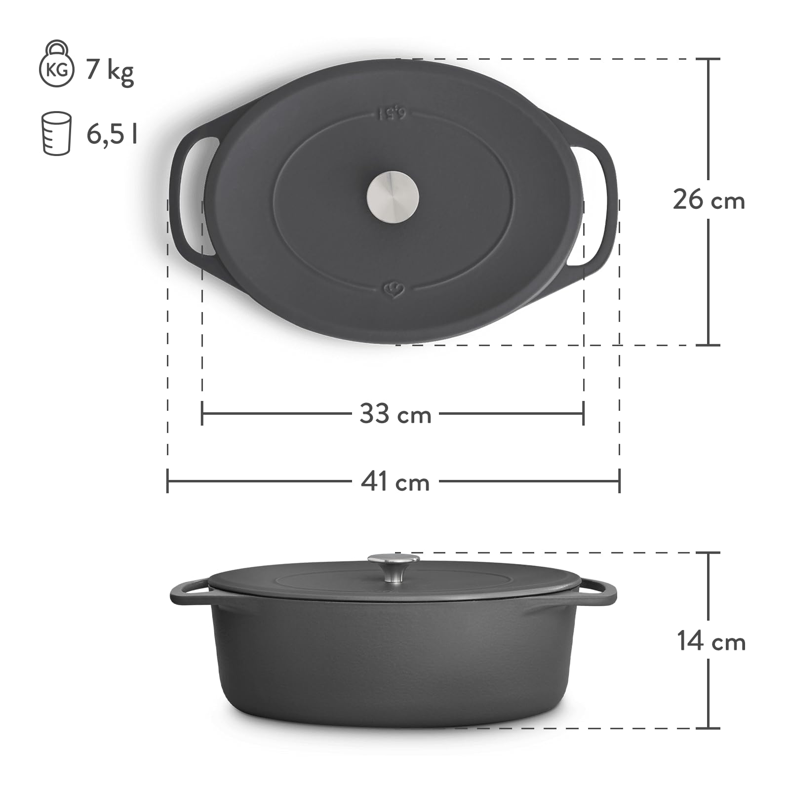 SPRINGLANE Cocotte mit Deckel, Grau, oval, 33 cm, 6,5 L, Gusseisen Bräter, Schmortopf Induktion…
