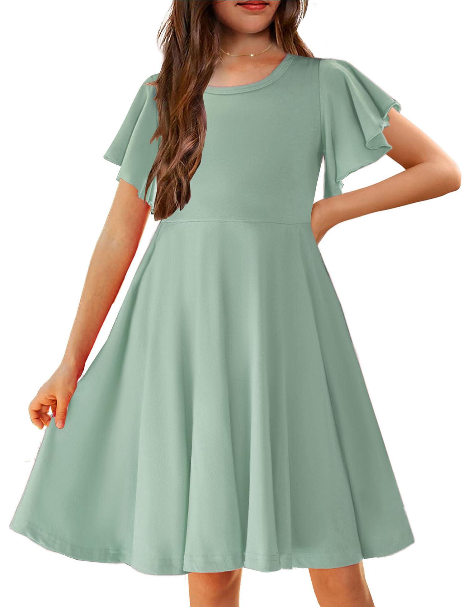 Arshiner Girls Dress Butterfly Sleeve Stretch A Line Swing Skater Twirl School Dress with Pockets