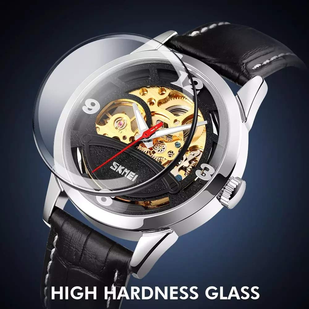 MASTOP Herren-Armbanduhr, automatisch, mechanisch, Skelett-Zifferblatt, wasserdicht, leuchtende Zeiger, Leder, analoge Armbanduhr