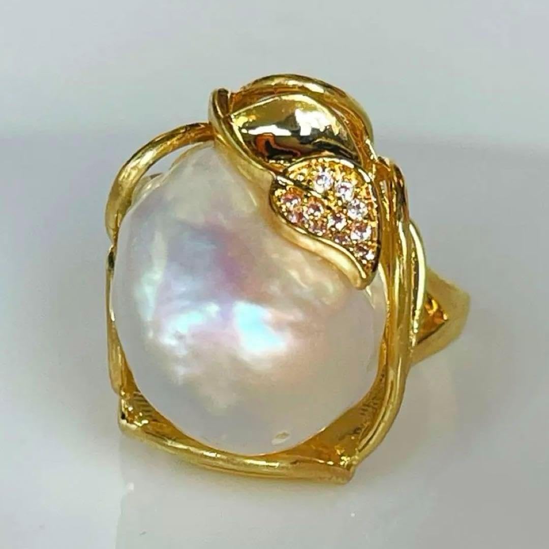天 然虹色 バロックパール リング 指輪 本真珠 金の葉 大粕 20mm.