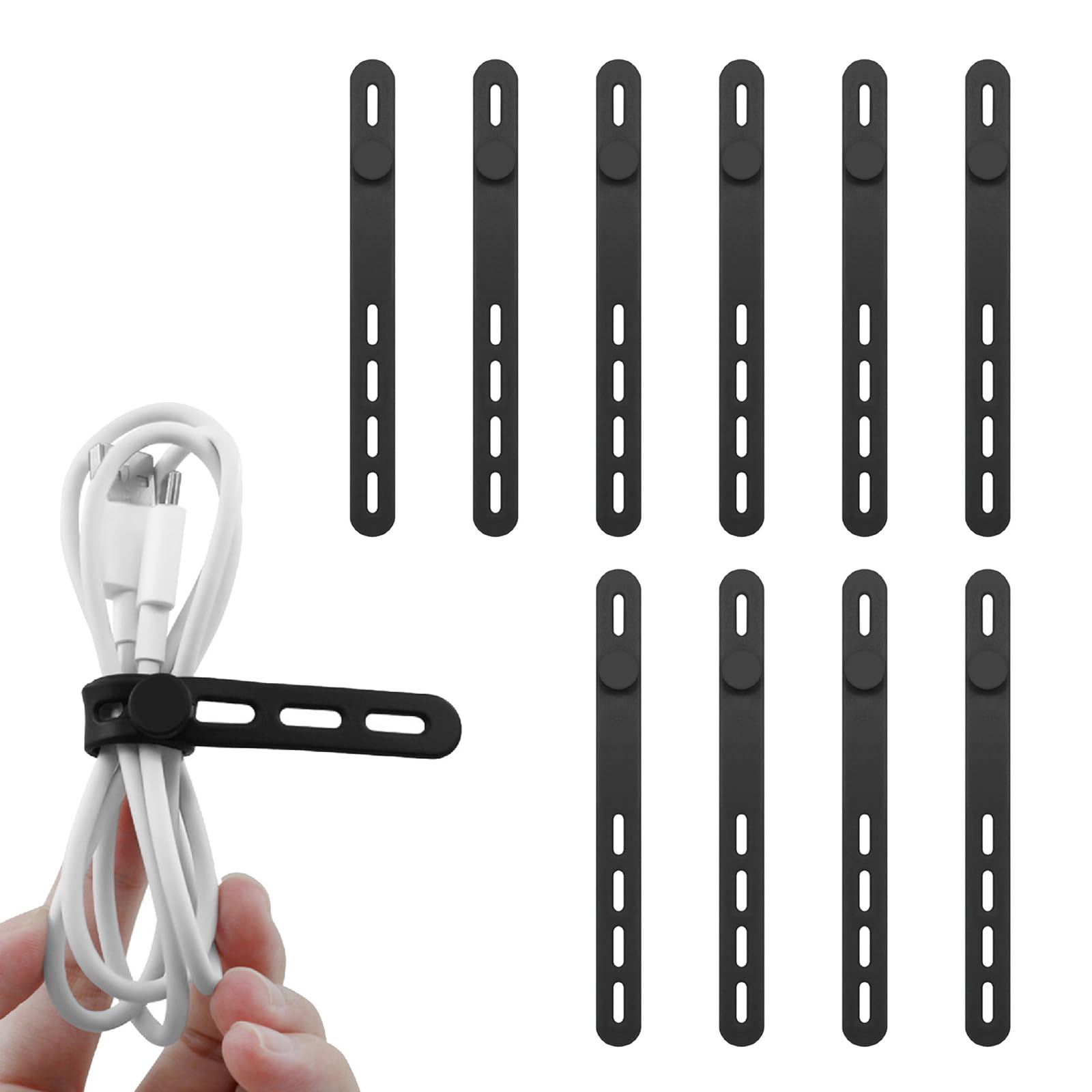 fKiZanthene 10 Pcs Silicone Cable Ties, Reusable Cable Organiser for Home Office & Travel, Black Cable Tidy Straps