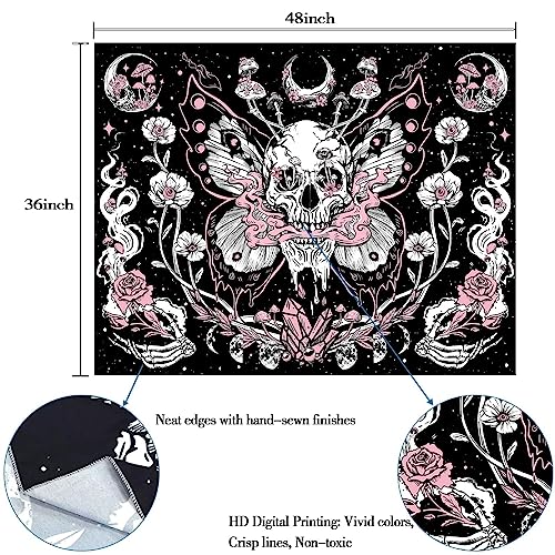 Kanuyee Skull Tapestry Pink Skeleton Tapestry Moon Butterfly Tapestry For Bedroom Black Tapestry Aesthetic Bedroom Butterfly Room Decor(36"X48") #TOP4
