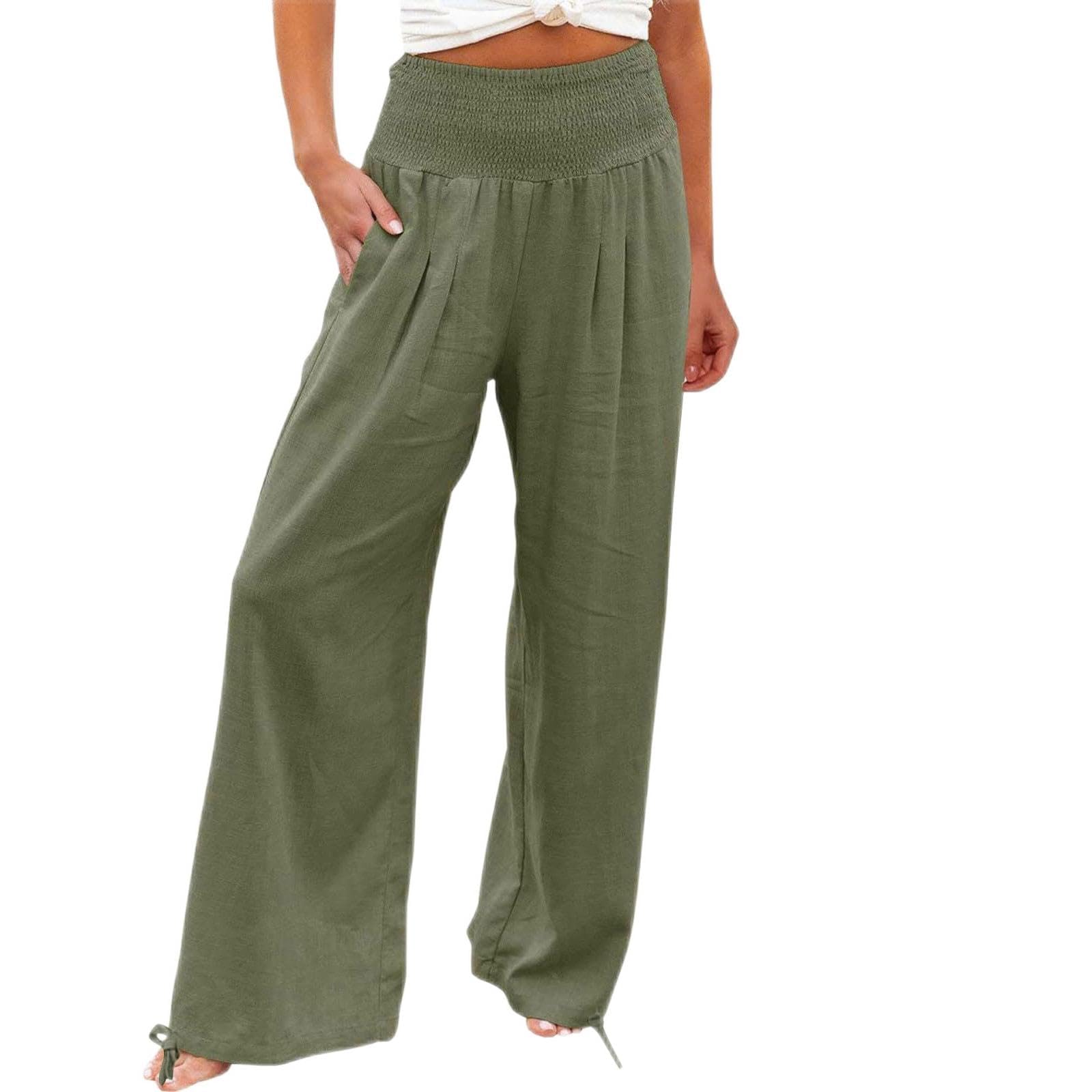 Womens Linen Pants 2026 Summer Beach Vacation Boho Wide Leg Pants Fashion High Waist Casual Flowy Palazzo Trousers — view 10