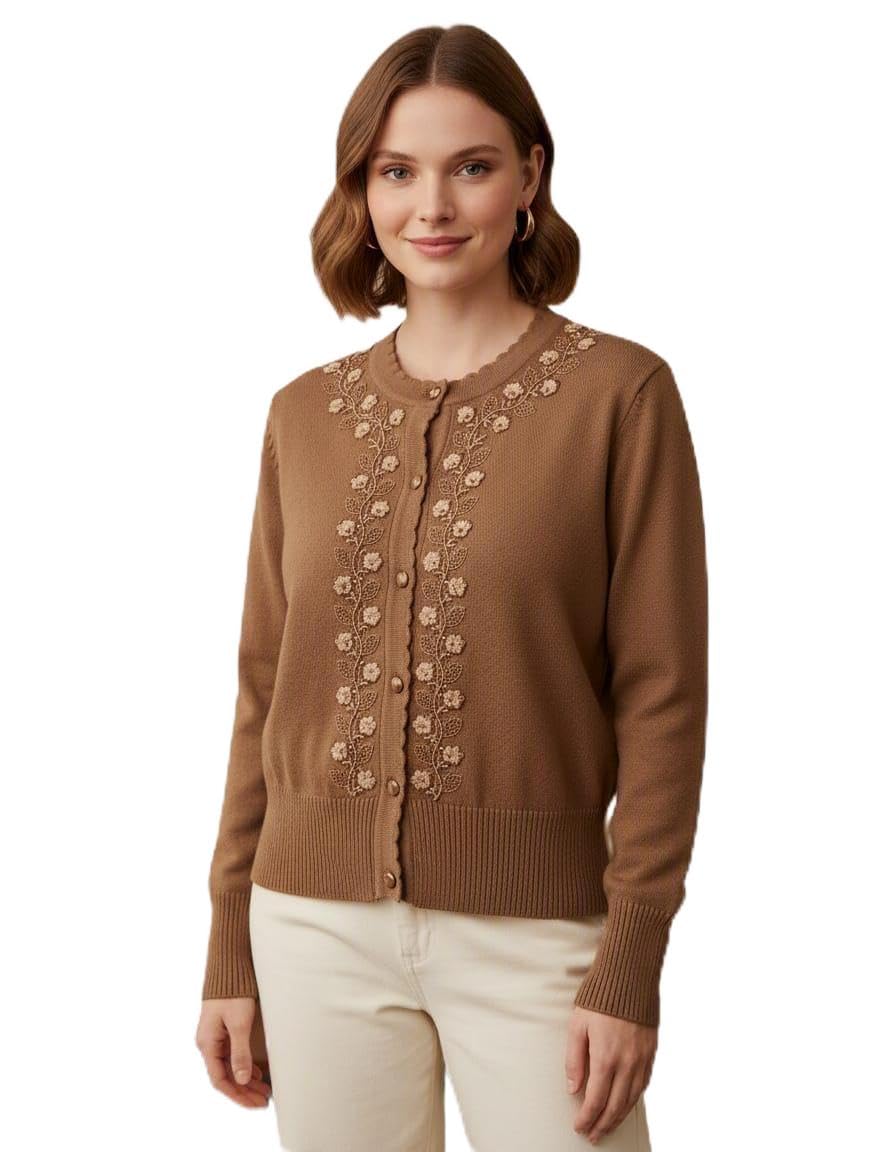 Women's Embroidered Crop Cardigan for Winter, Warm Knit Sweater, Floral Designed Buttoned Front Open,Vislone, Modern Style (S Size) Camel-image-19