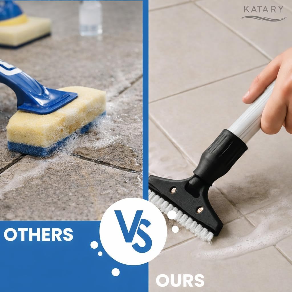 KATARY Razor Blade Floor Scraper, Wall Tile Scraper Tool with Razor Blade with Tool Bag and 3-Piece Cleaning Brush Set - Grout, Concrete and Glue Remover Kit