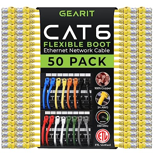 GEARit Cat6 Ethernet Patch Cable 2ft Yellow 50-Pack Cat 6 Patch Cords