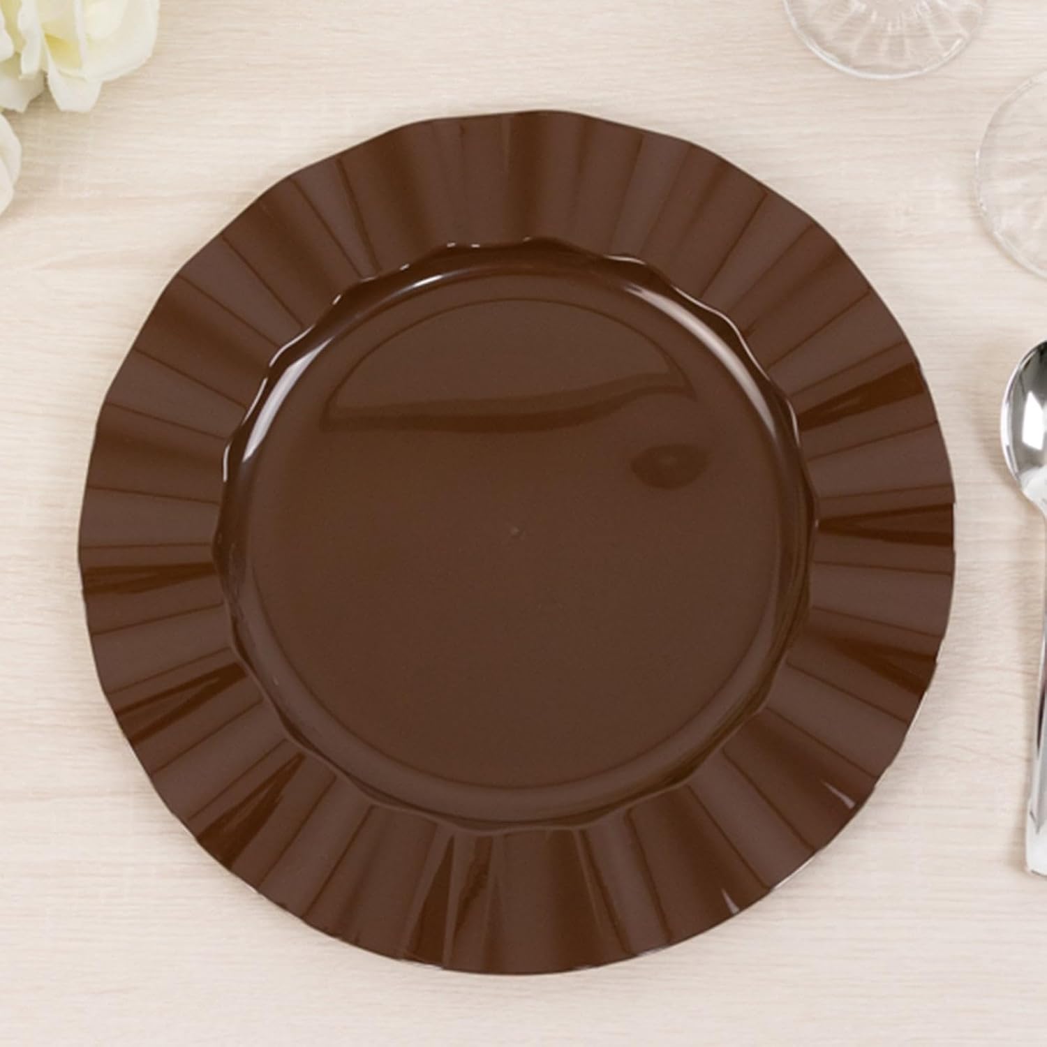 Efavormart 10 Pack Hard Plastic Large Dinner Plates with Gold Ruffled Rim, Heavy Duty Cinnamon Brown Disposable Round Dinnerware 11"