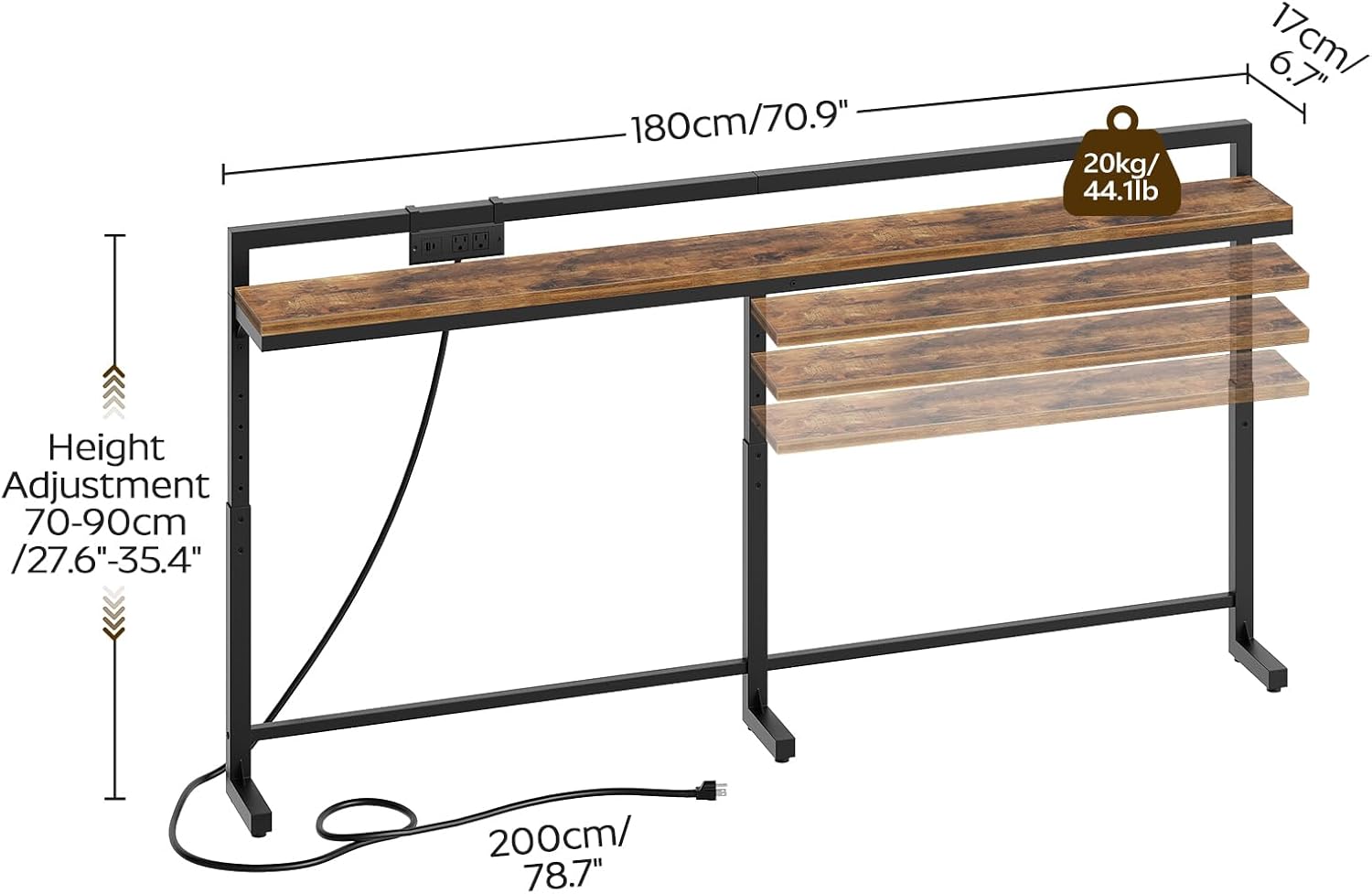 70.9'' Narrow Console Table with Adjustable Height (27.6''-35.4''), Behind Couch Table Skinny with Outlet, Long Entryway Table, Couch Table Behind Sofa for Living Room, Rustic Brown CT21UBR