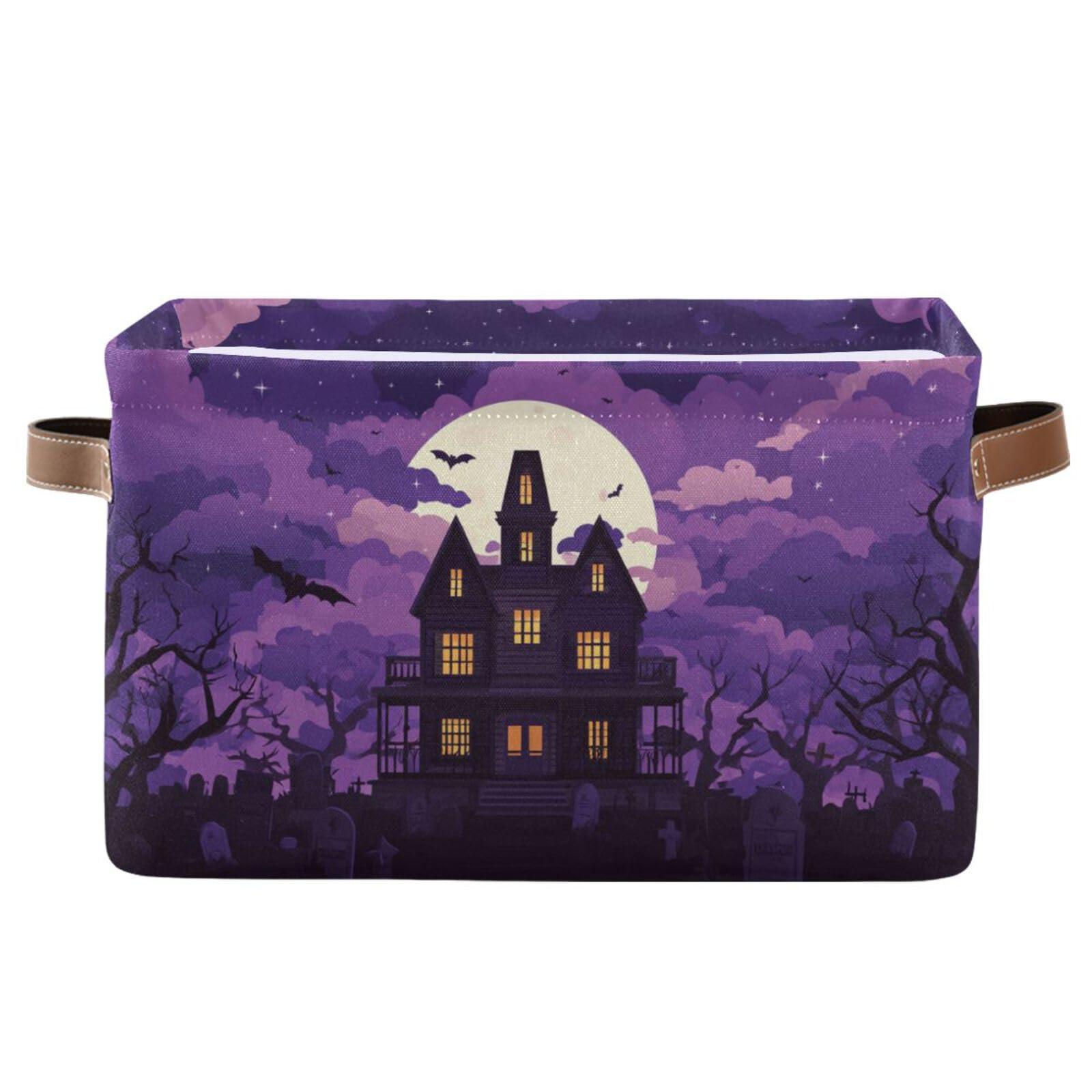 Aslsiy Storage Basket Spooky Castle Halloween Moon Nursery Bins Purple Baby Box Canvas Clothes Shelf Basket Laundry Hampers 1 Pcs