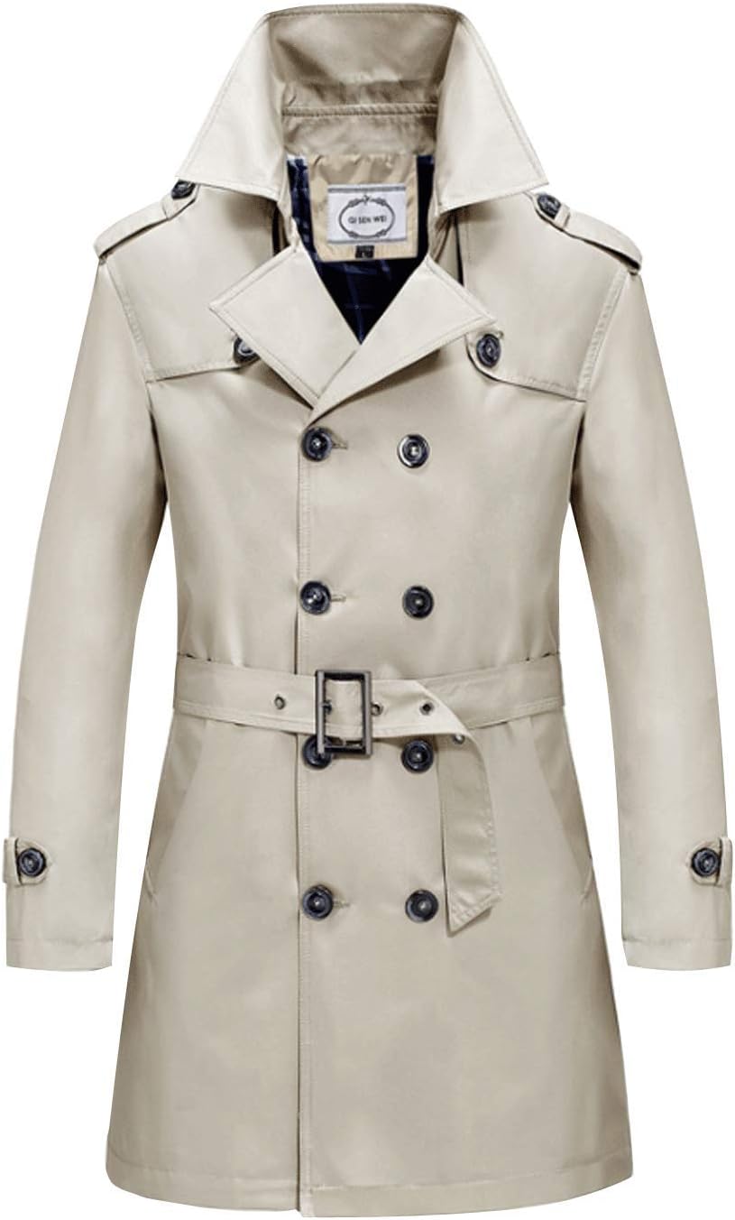 Men Notch Lapel Double Breasted Trench Coat Belted Windbreaker Outwear