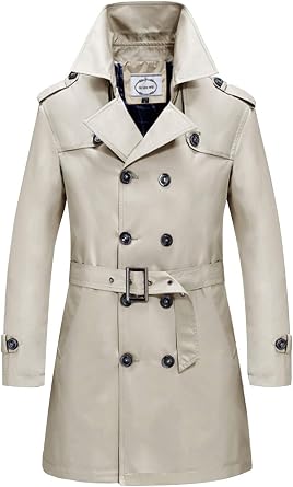 Men Notch Lapel Double Breasted Trench Coat Belted Windbreaker Outwear