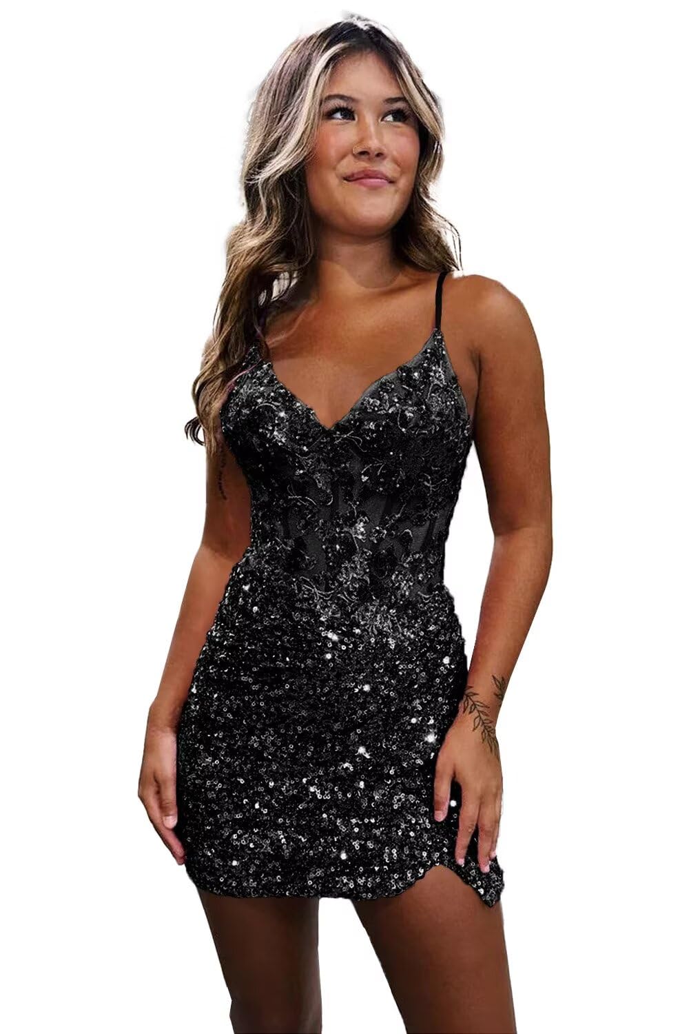 Stanjiehu V Neck Sequin Homecoming Dresses for Teens 2026 Sparkly Appliques Tight Formal Prom Cocktail Party Gown