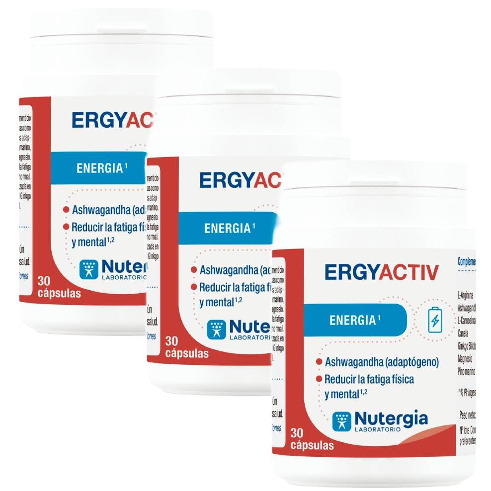 Pack 3 ErgyActiv Nutergia 30 cápsulas, 90 cápsulas vegetales en total, con ashwagandha, L-arginina, L-carnosina, ginkgo biloba, canela, magnesio y Oligopin®, formato ahorro diario