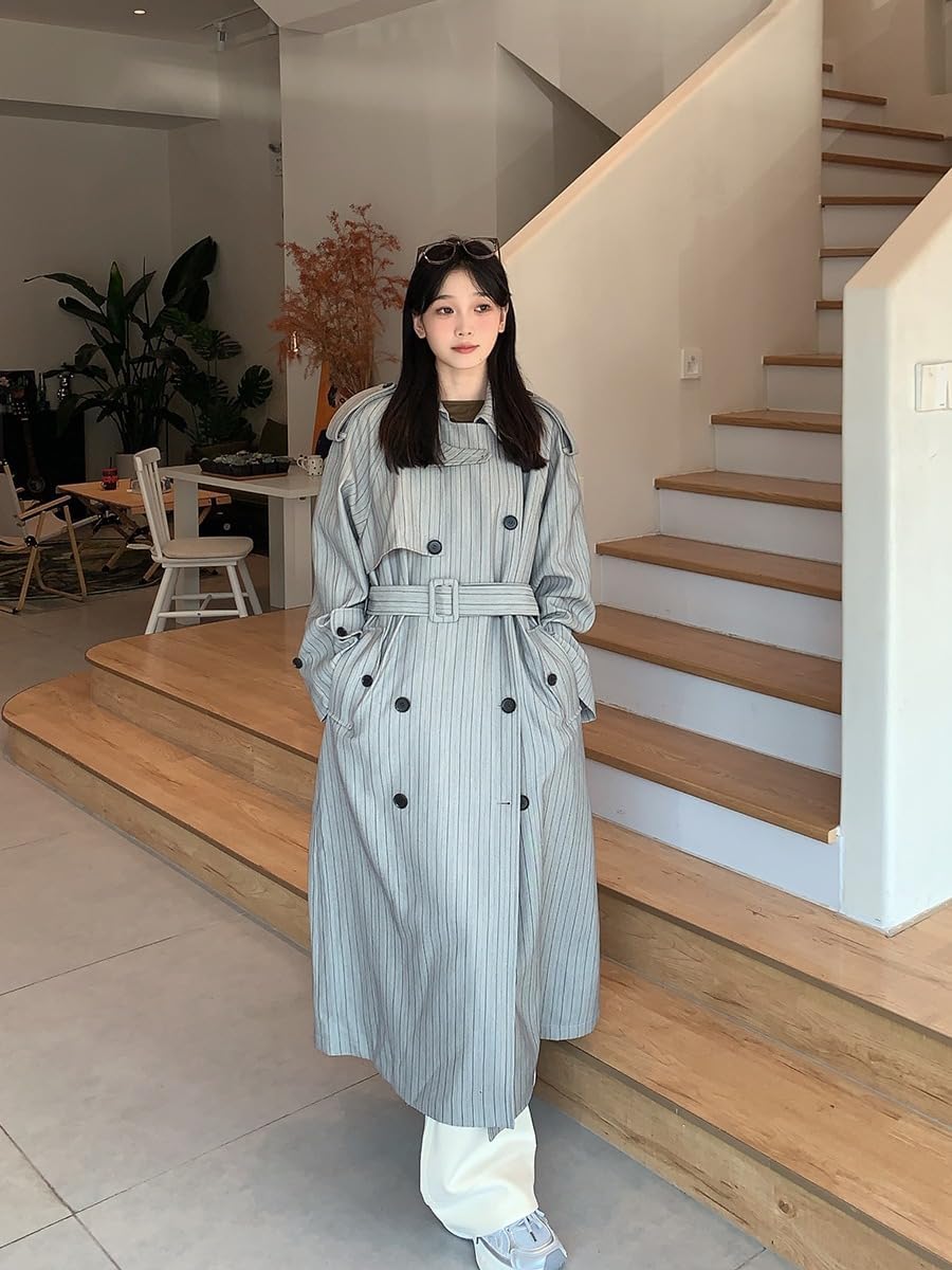 HSQIBAOER Women's Overcoats Long Trench Coat Striped Spring Loose Jacket for Women