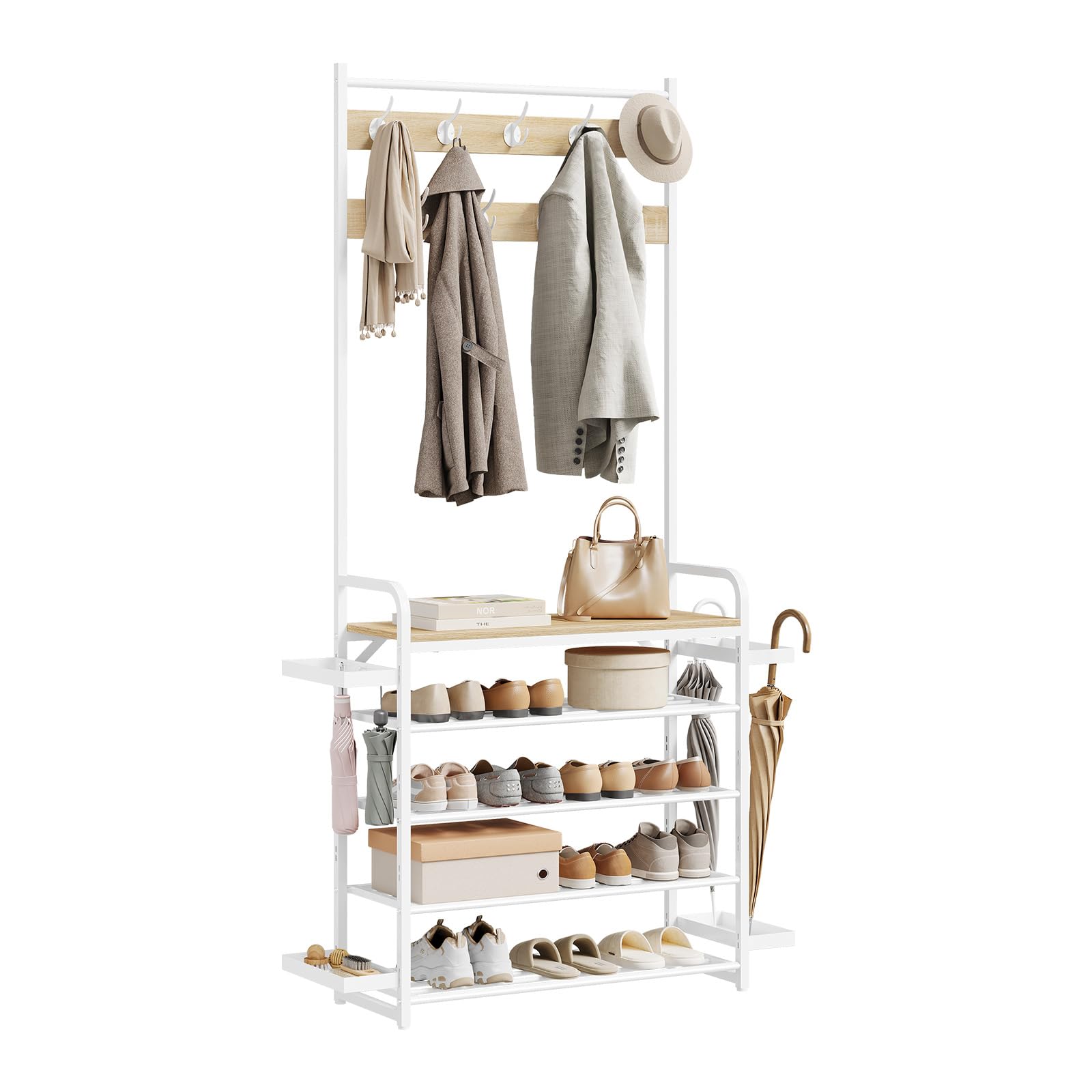 WOLTU Kleiderständer, Garderobenständer mit Schuhregal, 9 Doppelhaken, Seitenablageschalen, für Flur Schlafzimmer, 80x190x30 cm