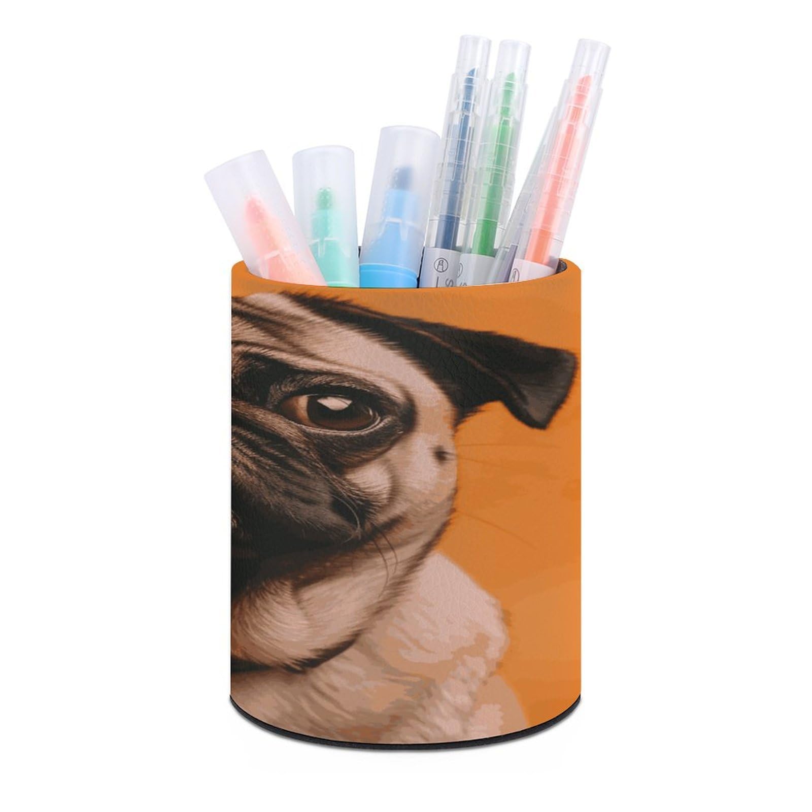 MUSM A Pug Pen Holder Round PU Leather Pencil Cup Waterproof Pencil Holder for Desk Pen Cup Pen Organizer Pencil Organizer Makeup Brush Holders for Home Office Decor