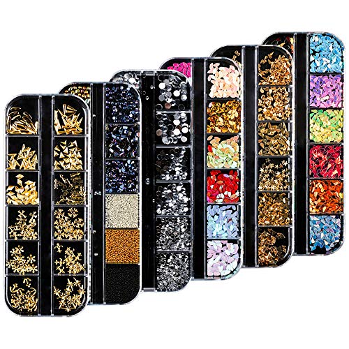 Gobesty Kit de diamantes de imitación de arte de uñas, 6 cajas Decoración de gemas traseras con cristales de uñas Piedras de diamante de imitación