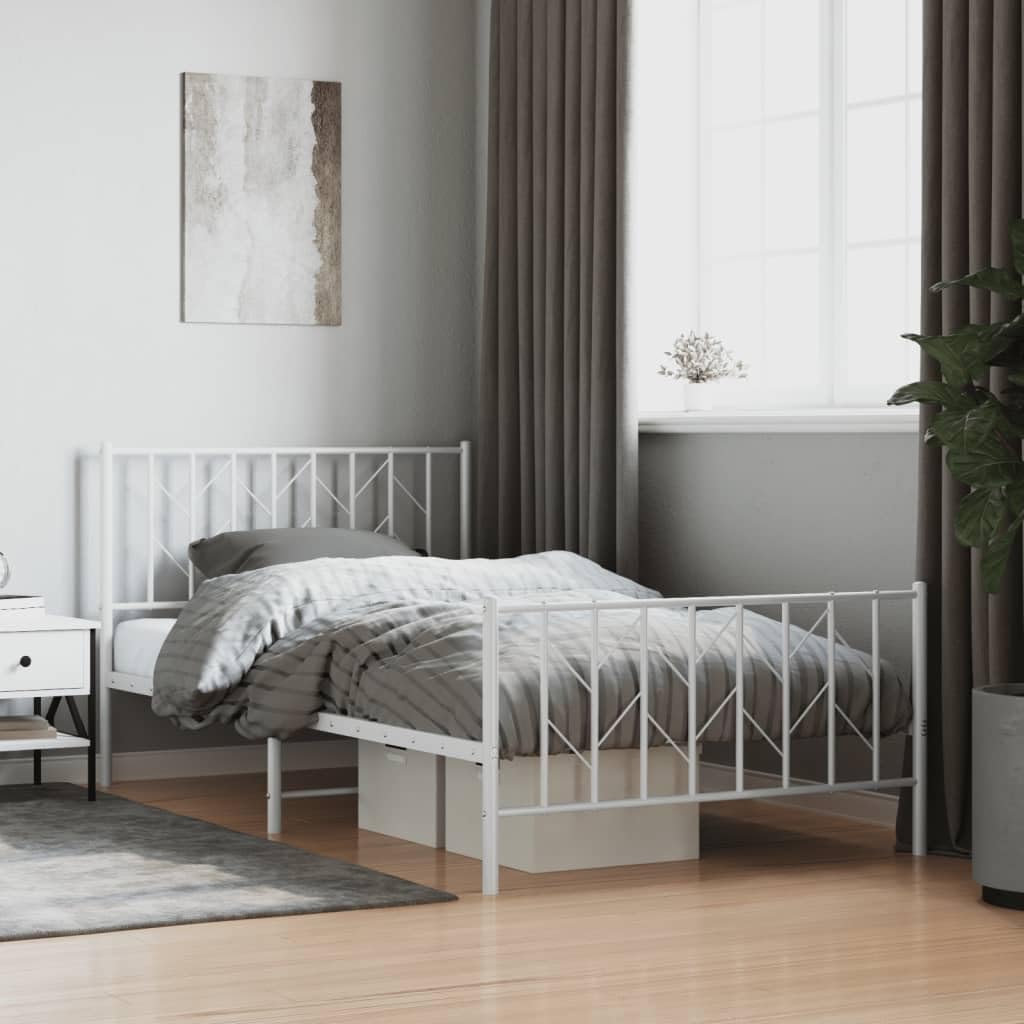 Stalowa z miejscem do przechowywania Klasyczna 107x203 cm Biały | Metalowa rama łóżka z wezgłowiem i zanóżkiem biała 107x203 cm stelaż pod materac z listwami stalowy