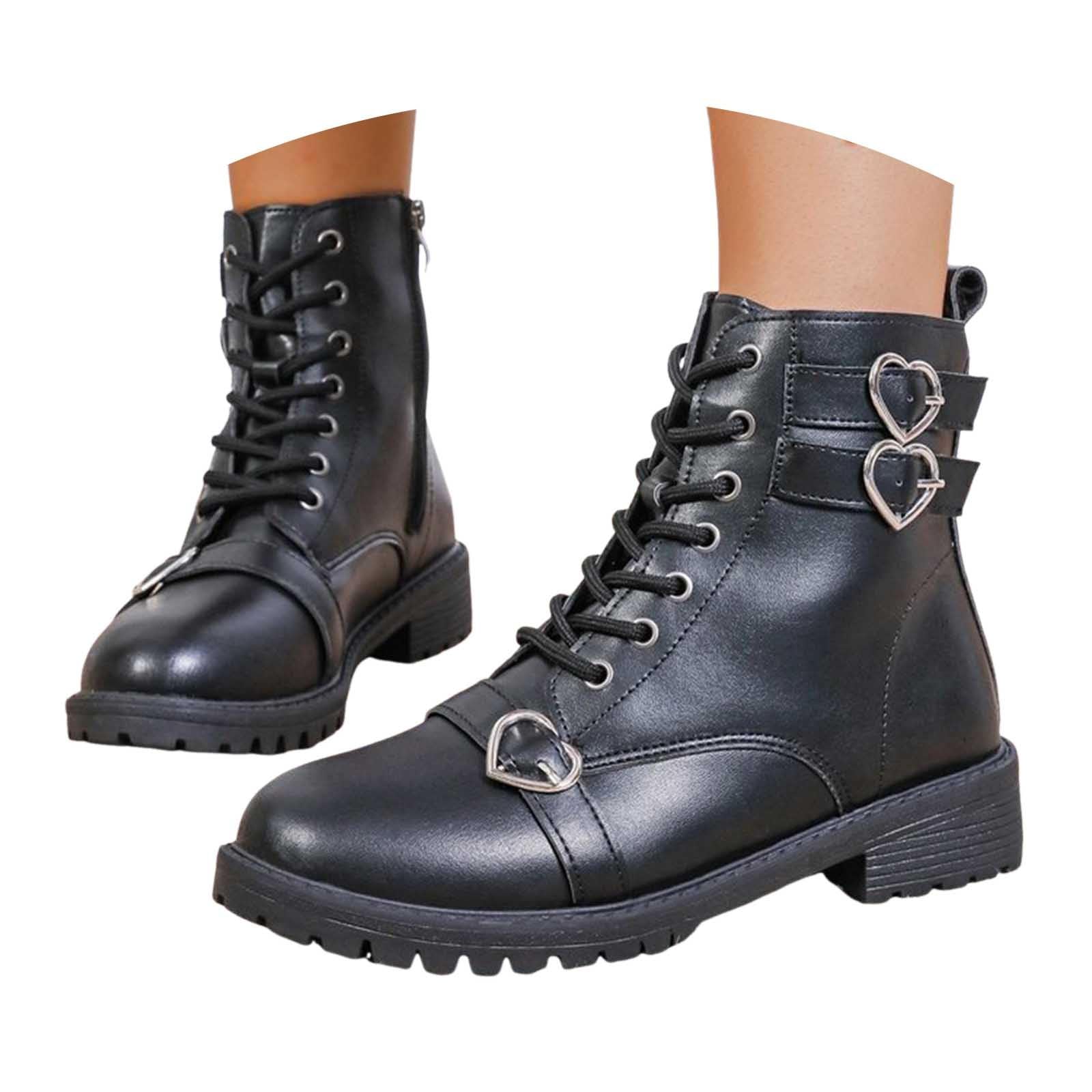 ZSpzx Womens Platforms Combat Ankle Boots Gothic Leather Heart Metal Buckle Strap Lace up Lug Sole Round Toe