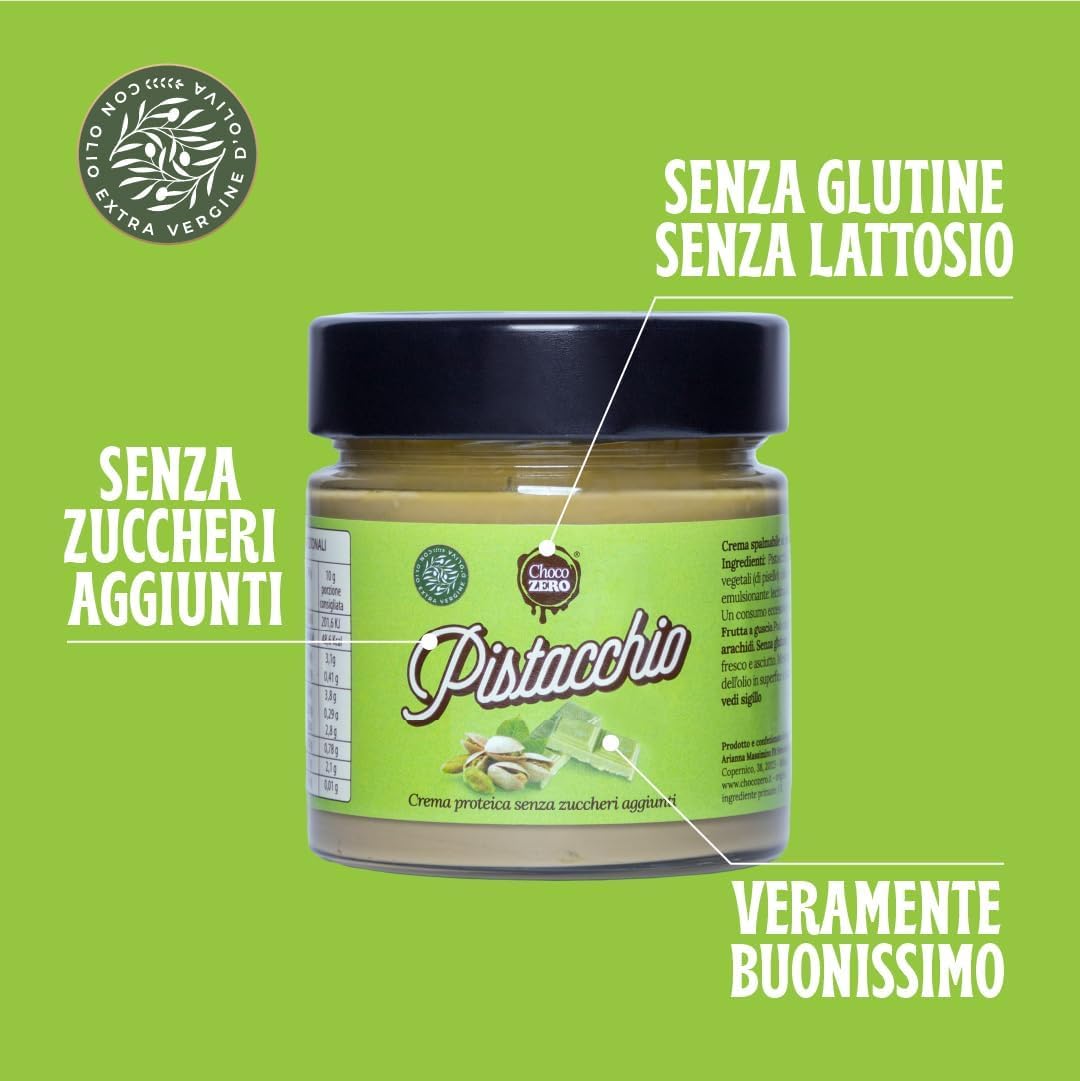 Choco Zero – Crema Proteica Crema Spalmabile Senza Zuccheri Aggiunti, Senza Glutine, Senza Lattosio, Vegano Vasetto da 200 g (3 Pezzi, Pistacchio)