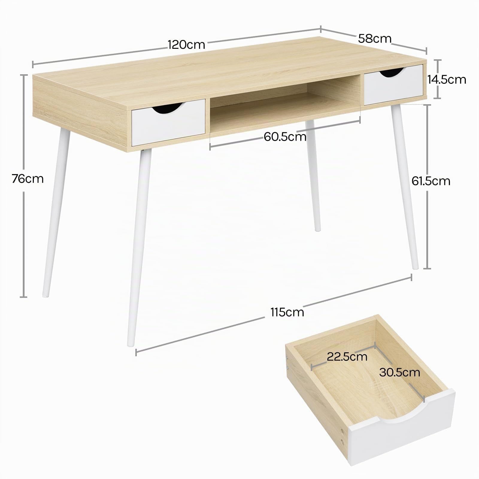 WOLTU Scrivania Bianca, Tavolo Quercia PC | con 2 Cassetti e Ripiano, 120x58x75 cm, per Soggiorno, Telaio Metallo