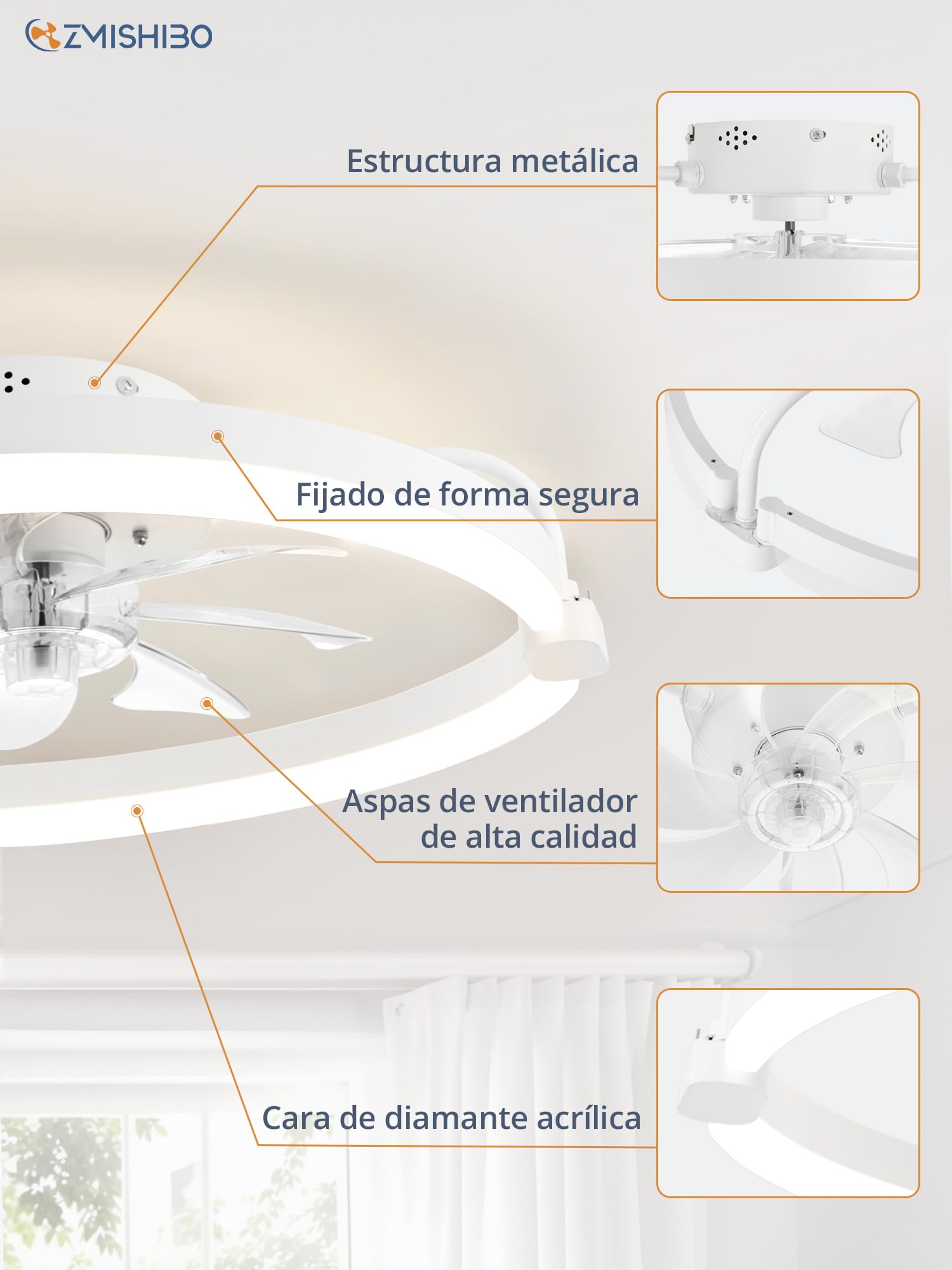 ZMISHIBO Ventilador de Techo con Luz y Control Remoto, Ø52,5 cm, 3000-6000K Regulable, Ventilador LED Empotrado Moderno, 6 Velocidades, Ideal para Dormitorio