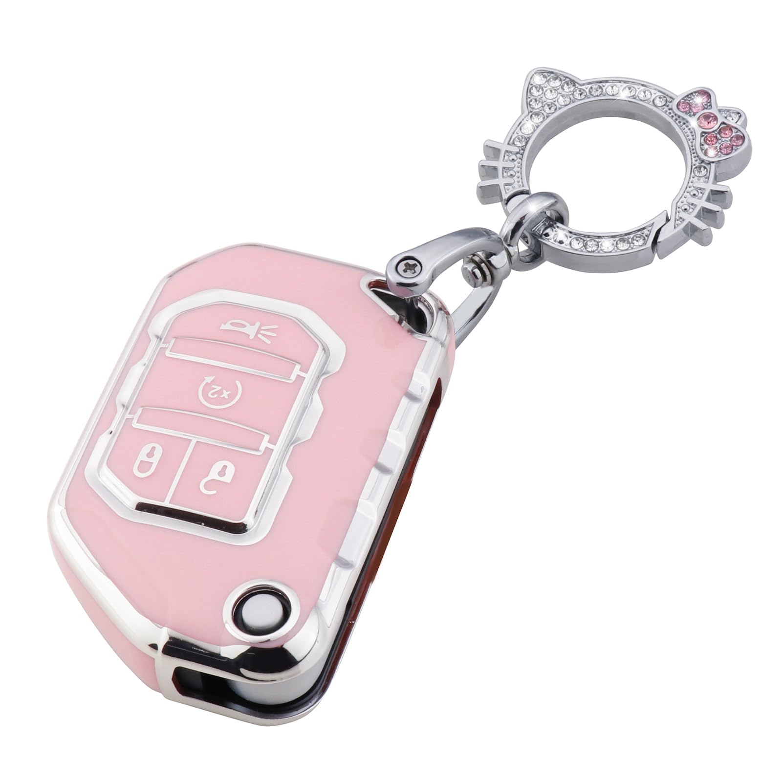 Pangpai Pink Key Fob Cover for Jeep, Soft TPU Key Case Protection with Bling Keychain Fit for 2018-2022 Jeep Gladiator Wrangler Sahara Rubicon