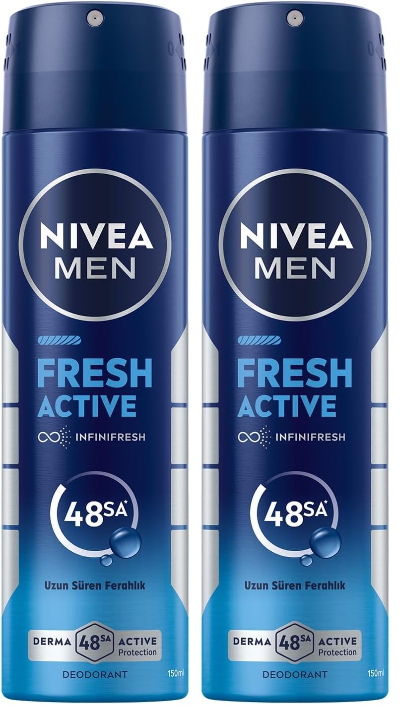 NIVEA MEN Erkek Sprey Deodorant Fresh Active 150 ml,Ter Kokusuna Karşı 48 Saat Koruma,Okyanus Özleri,Uzun Süren Ferahlık,Alüminyum İçermeyen Formül (2 paketi)