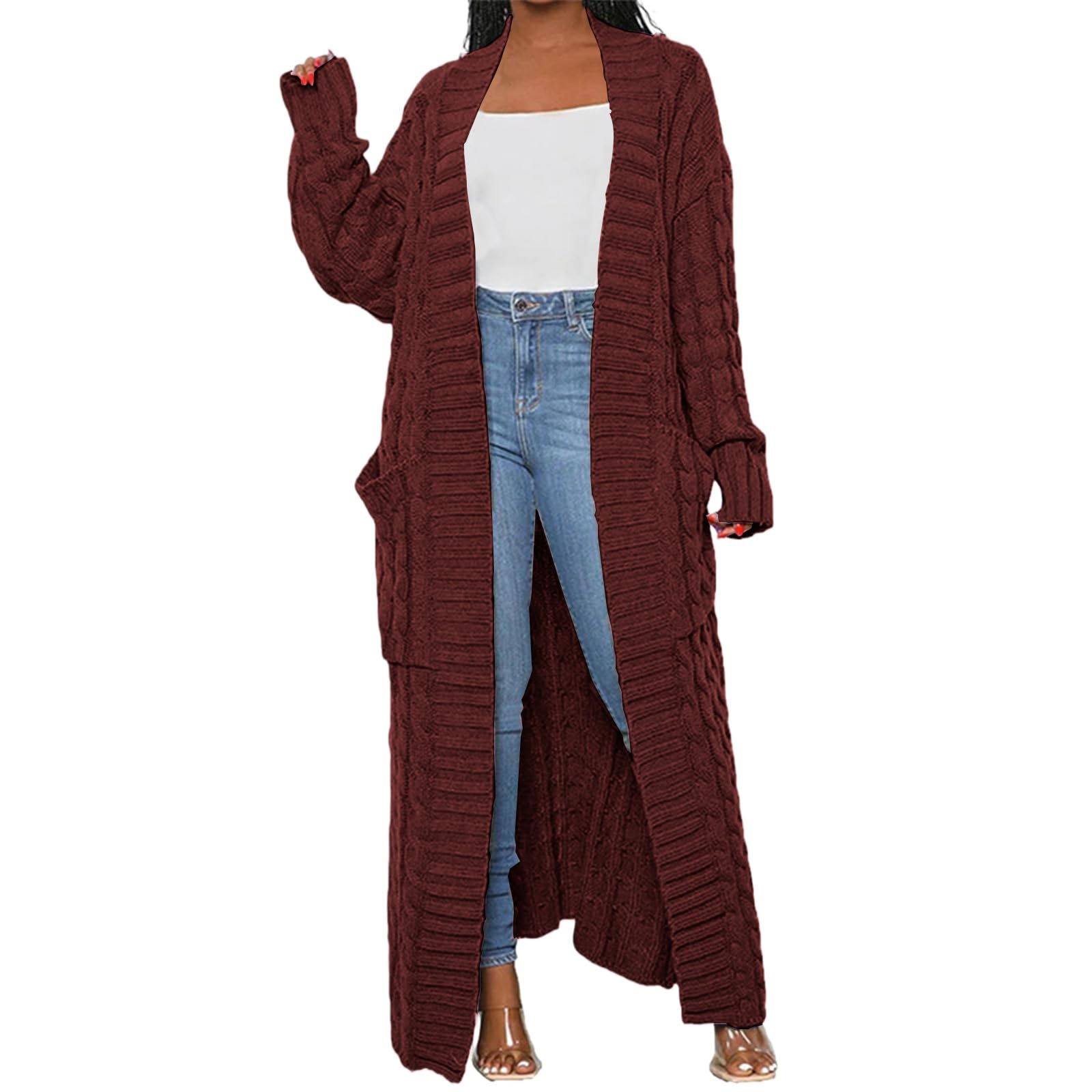 Long Cardigan Sweaters for Women Trendy Textured Open Front Cable Knit Sweater Coat Winter Casual Long Sleeve Jacket