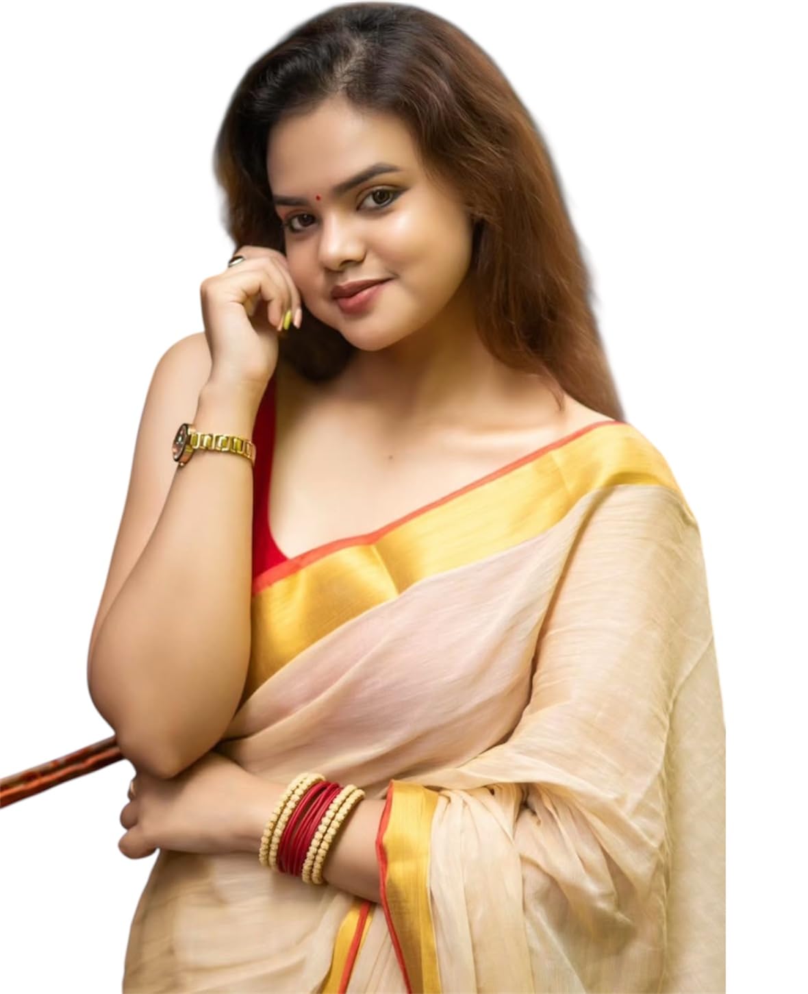 Handloom Cotton Saree, White with Grey Floral Print, Red Border, Striped Pallu-image-23