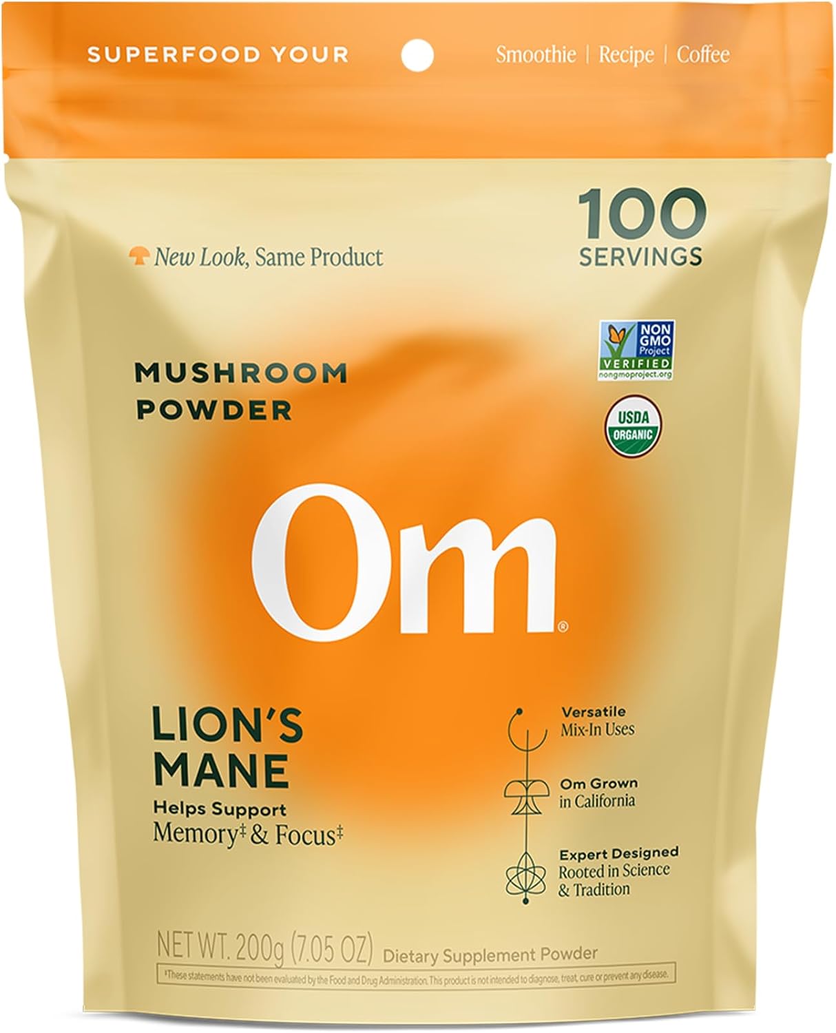 Om Lion’s Mane Mushroom Powder - Organic Mushroom Supplement and Nootropic - Support Memory, Focus and Nerve Health, 7.05 oz (100 Servings)​ Lion's Mane Powder 7.05 Ounce (Pack of 1) - Image 1 of 7