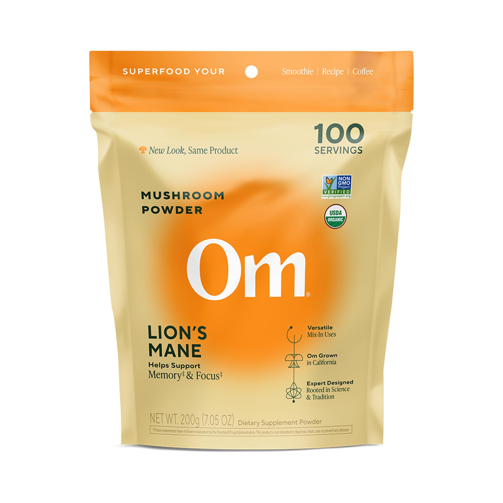Om Mushroom Superfood Organic Lion's Mane Mushroom, 7 Ounce Pouch, 100 Servings, Fruit Nuotropic and Mycelium for Memory Support, Focus, Clarity, Nerve Health, Creativity, and Mood