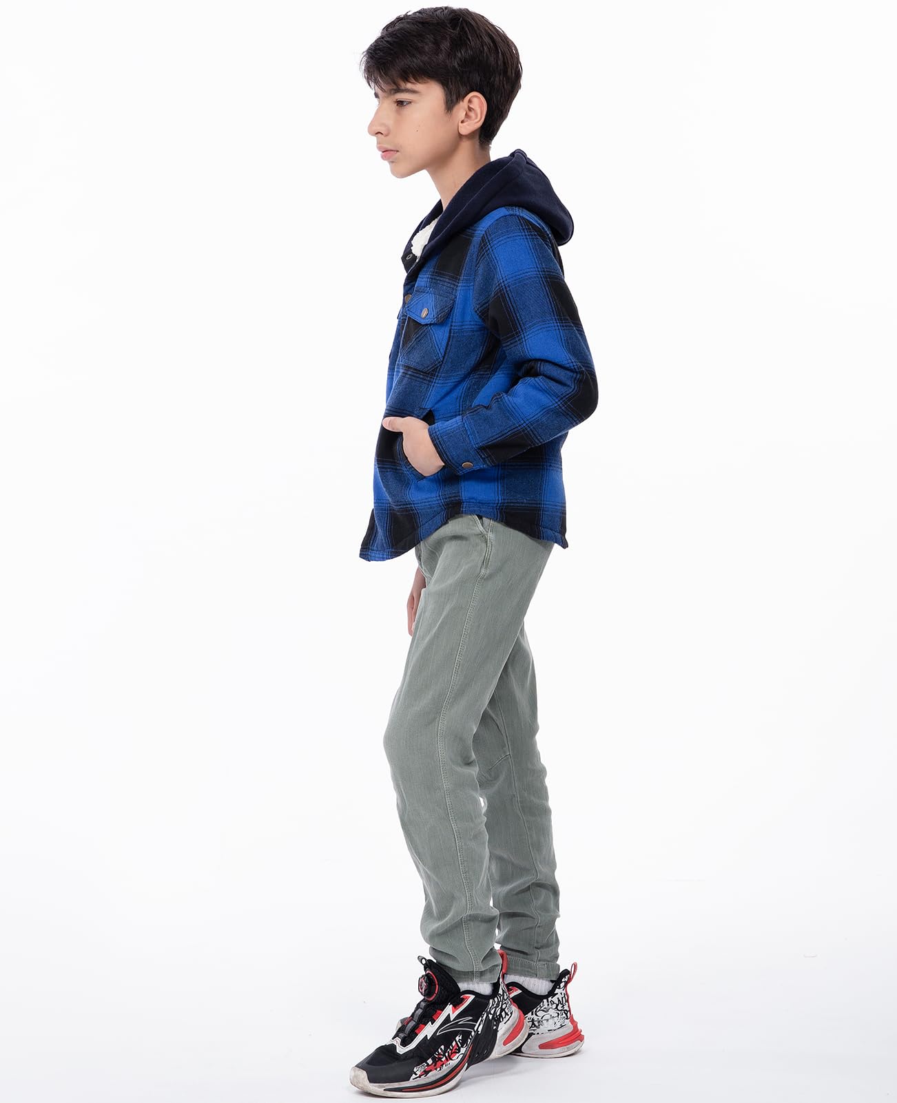 Toddler Boy Girl Sherpa Lined Flannel Shirt Fleece Jacket Winter Warm Hooded Plaid Sweatshirt Shacket Coat Blue 5T